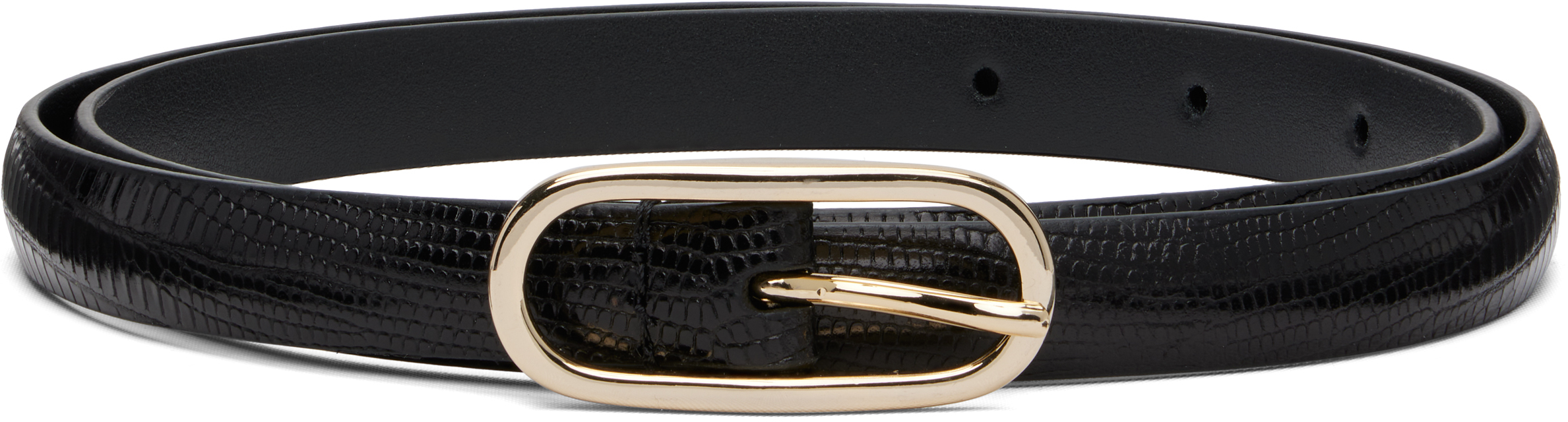 Black Super Skinny Lizard Leather Oval Buckle Belt