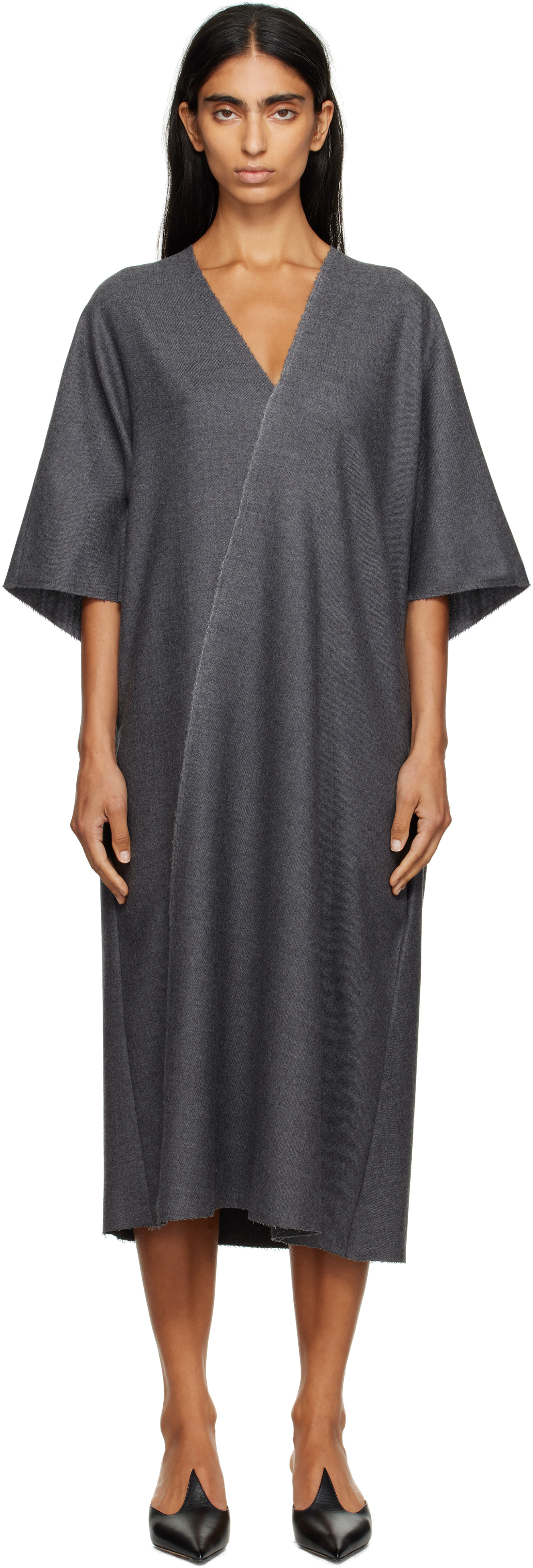Mm6 Maison Margiela V-neckline Midi Dress Asymmetric Seam In Gray