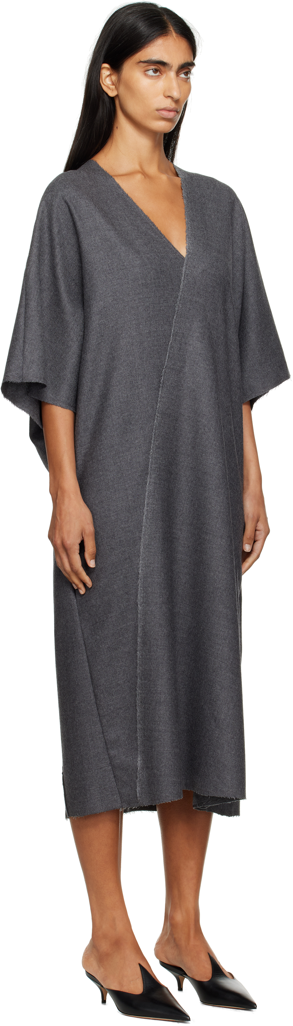 Mm6 Maison Margiela V-neckline Midi Dress Asymmetric Seam In Gray