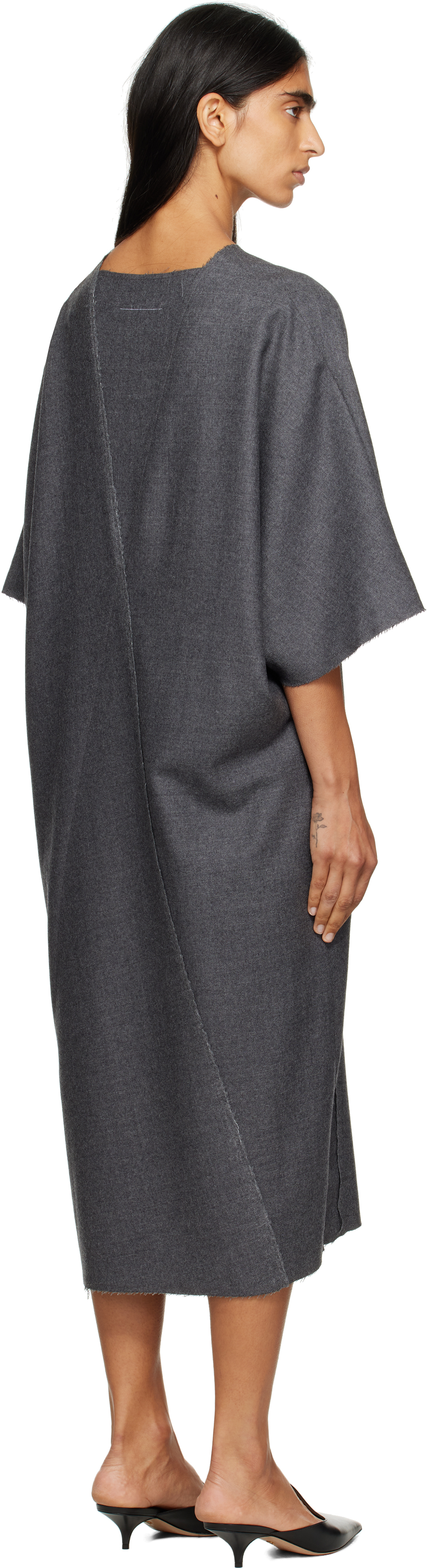 Mm6 Maison Margiela V-neckline Midi Dress Asymmetric Seam In Gray