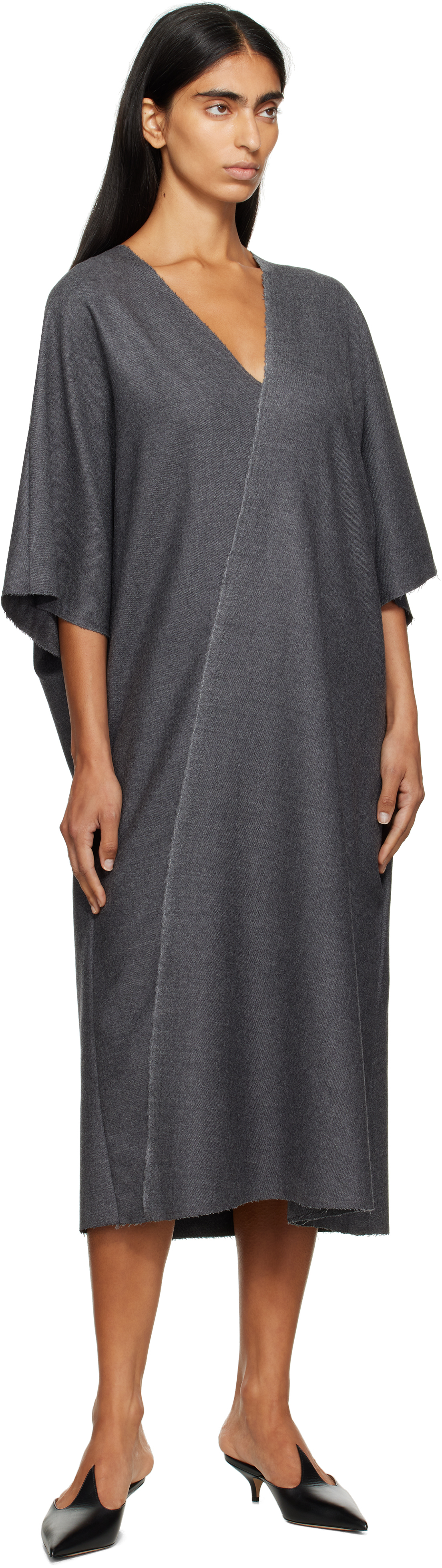 Mm6 Maison Margiela V-neckline Midi Dress Asymmetric Seam In Gray