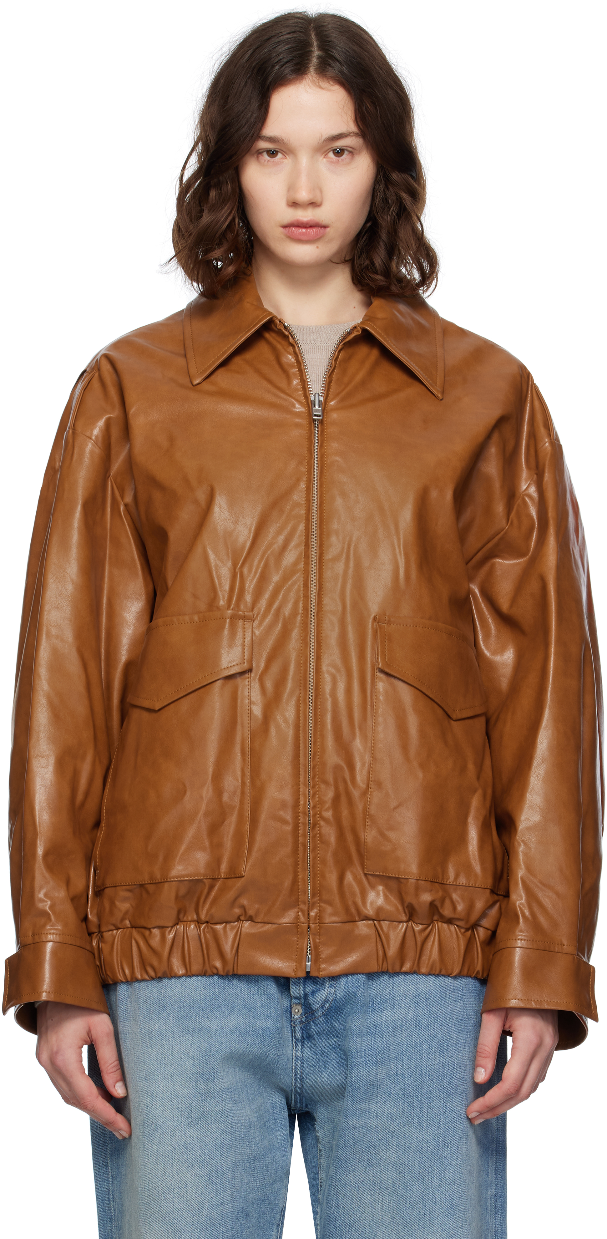 Brown Oversized Faux-Leather Bomber Jacket