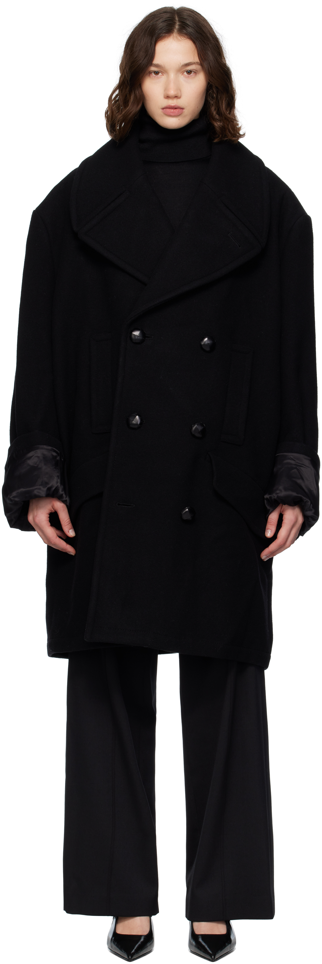 MM6 Maison Margielaのブラック ウールフェルト ダブルブレスト コート