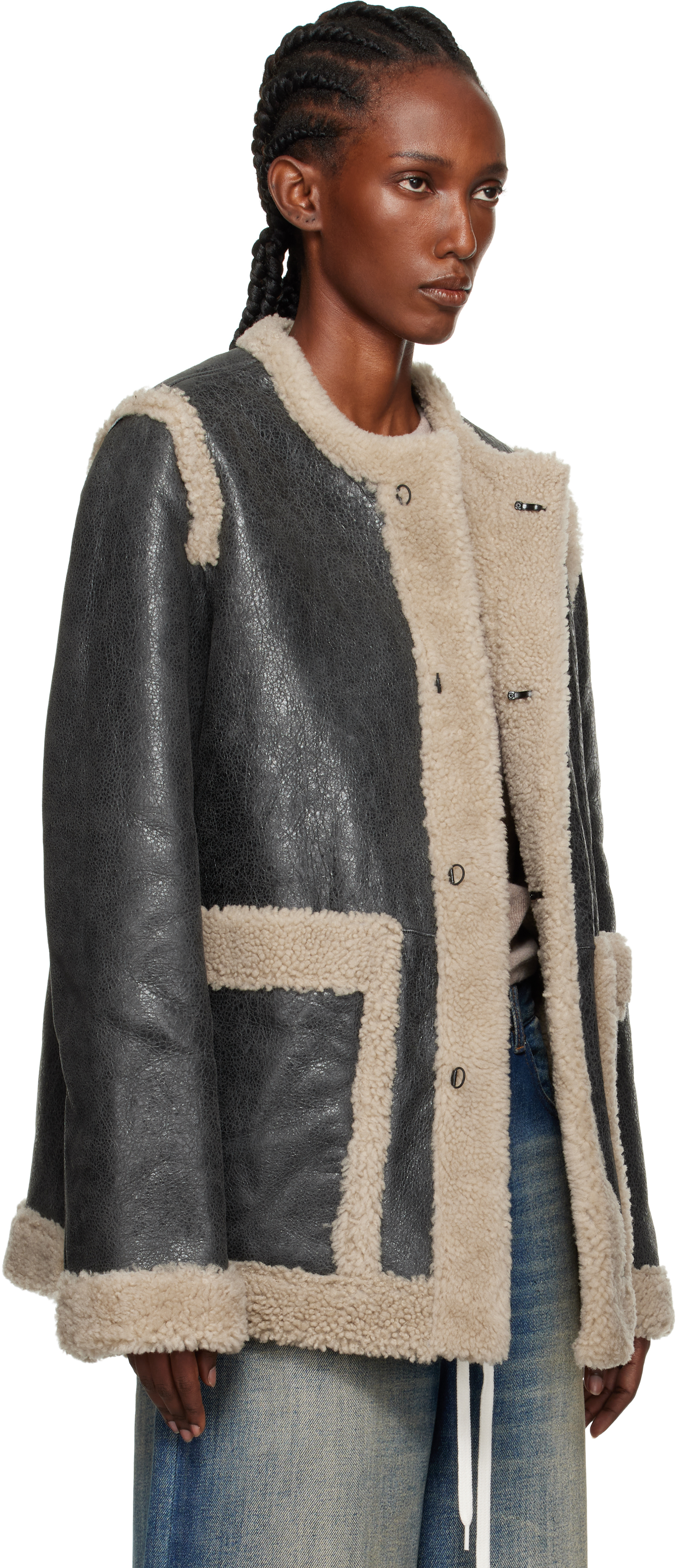Mm6 Maison Margiela Mm6 By Maison Margiela Textured Black Shearling Jacket With Plush Trim In Black