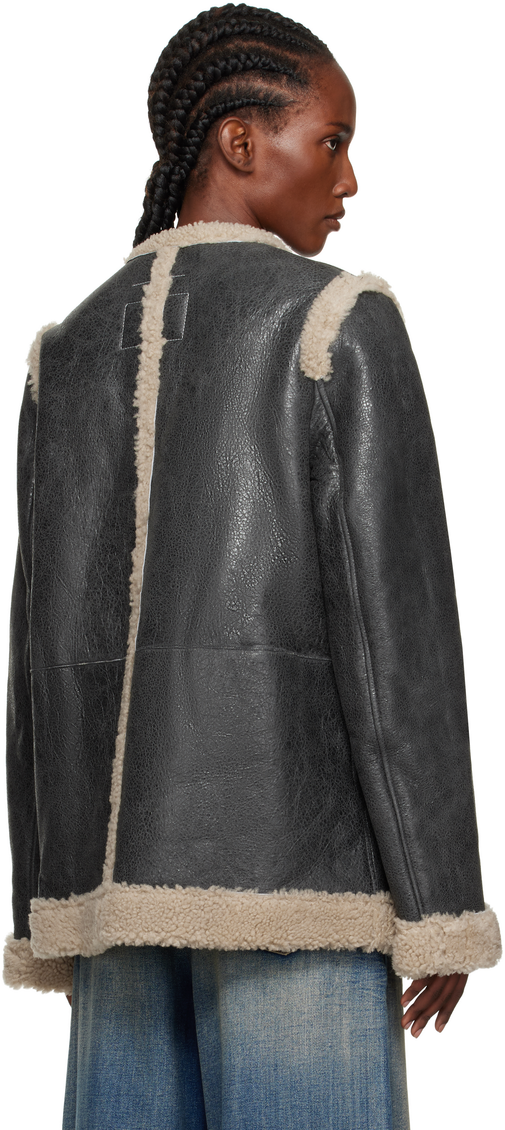 Mm6 Maison Margiela Mm6 By Maison Margiela Textured Black Shearling Jacket With Plush Trim In Black