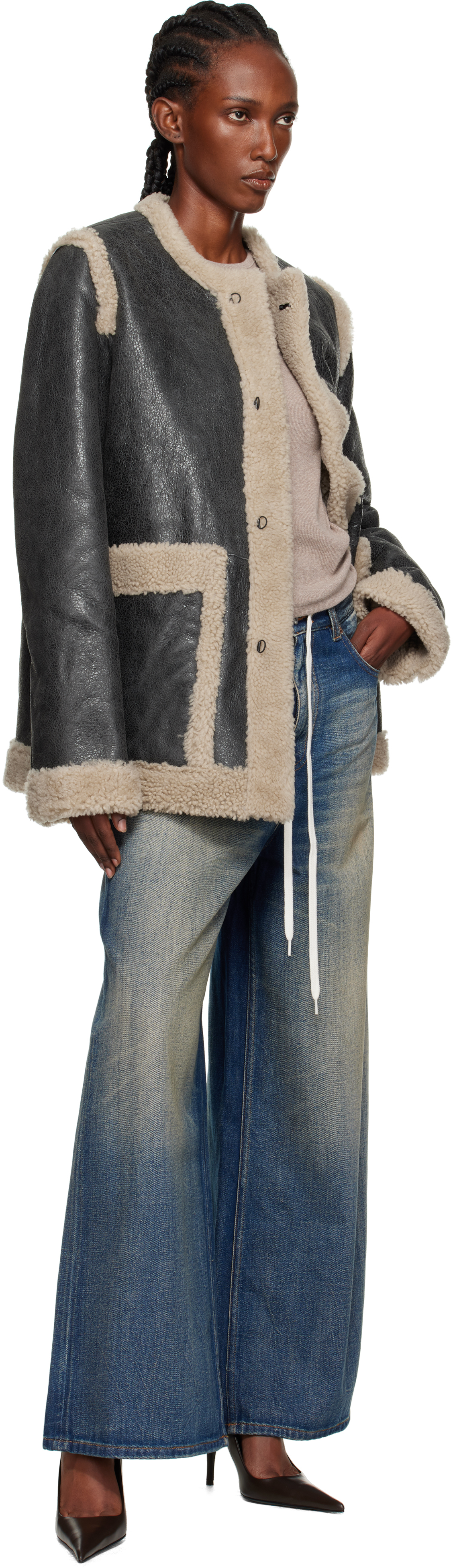 Mm6 Maison Margiela Mm6 By Maison Margiela Textured Black Shearling Jacket With Plush Trim In Black