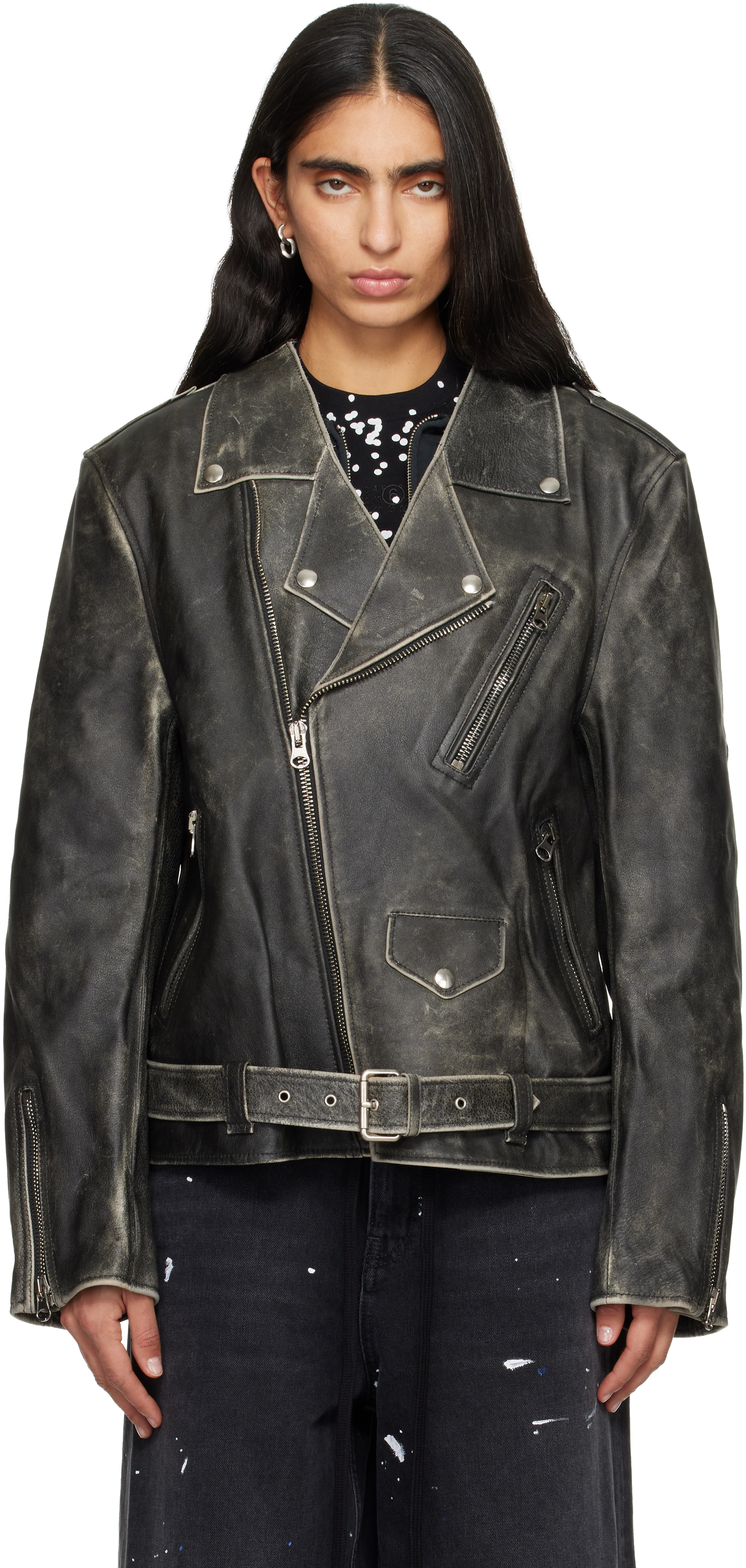 Brown Faded Leather Jacket by MM6 Maison Margiela on Sale