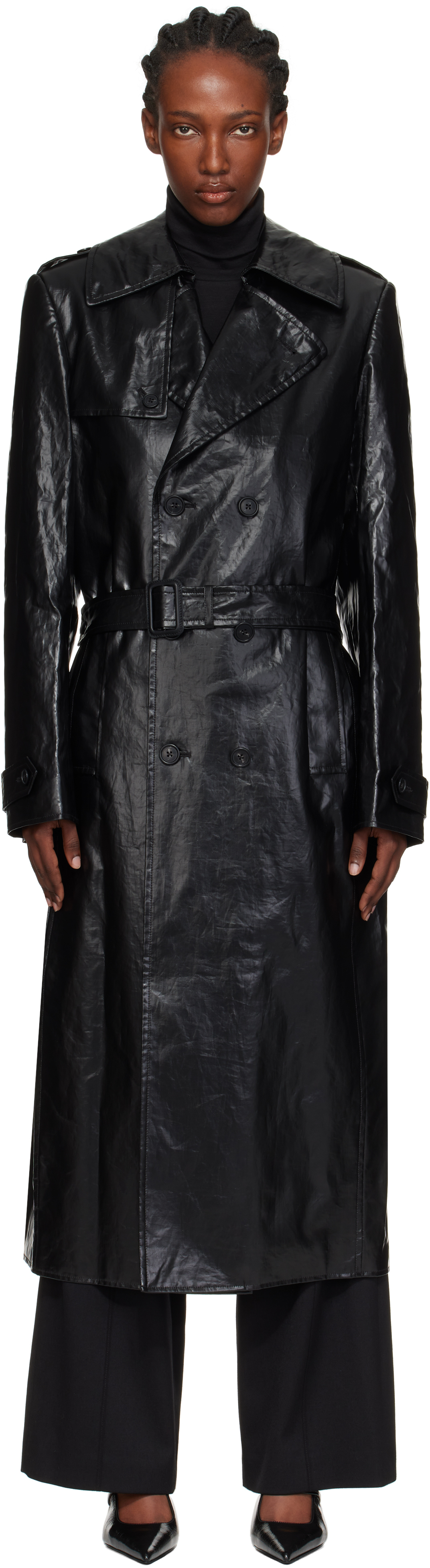 Mm6 Maison Margiela Black Shiny Coated Linen Trench Coat In Black