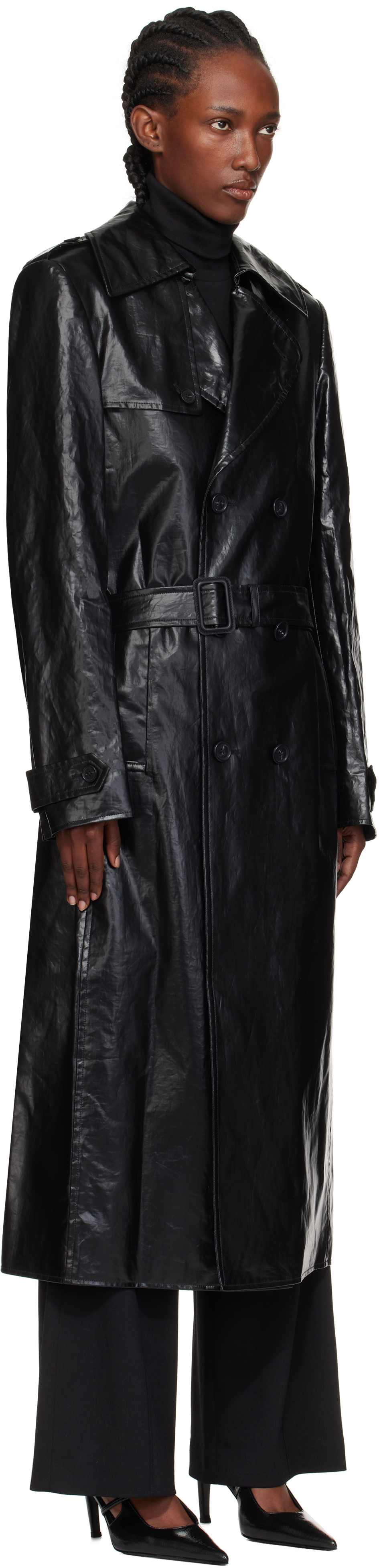 Mm6 Maison Margiela Black Shiny Coated Linen Trench Coat In Black