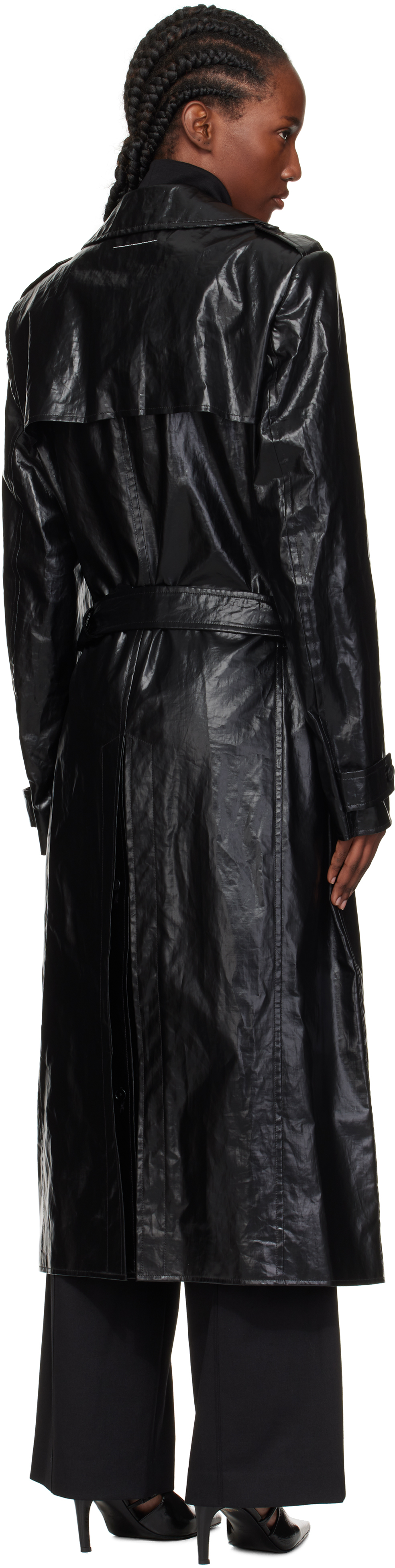 Mm6 Maison Margiela Black Shiny Coated Linen Trench Coat In Black