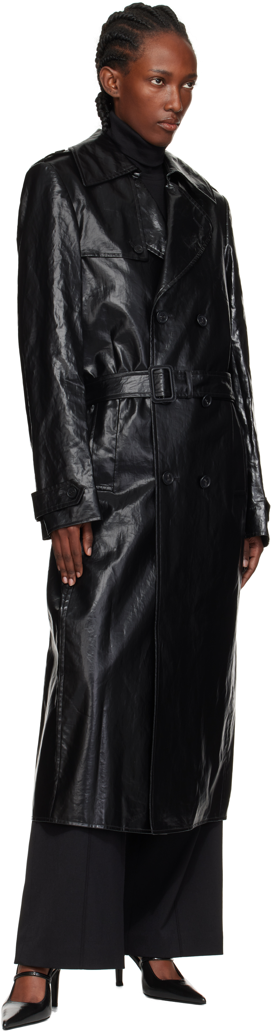 Mm6 Maison Margiela Black Shiny Coated Linen Trench Coat In Black