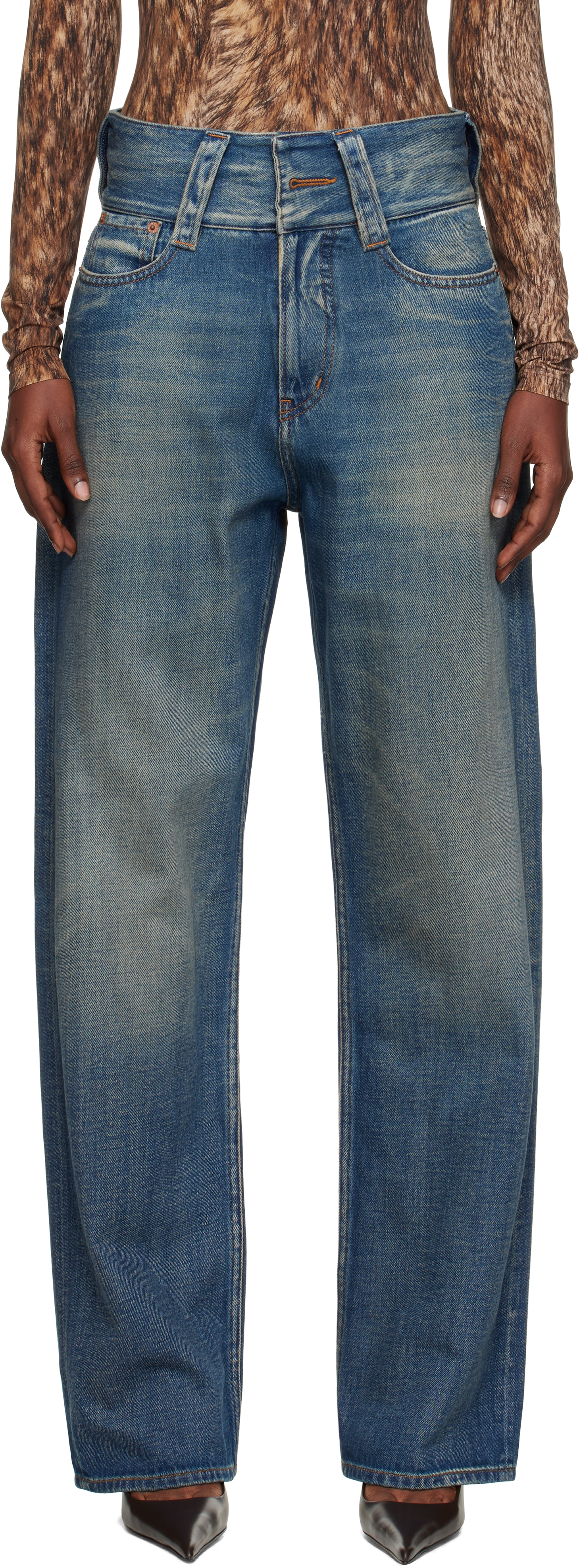 MM6 Maison Margiela: ブルー Slub ファイブポケット ジーンズ