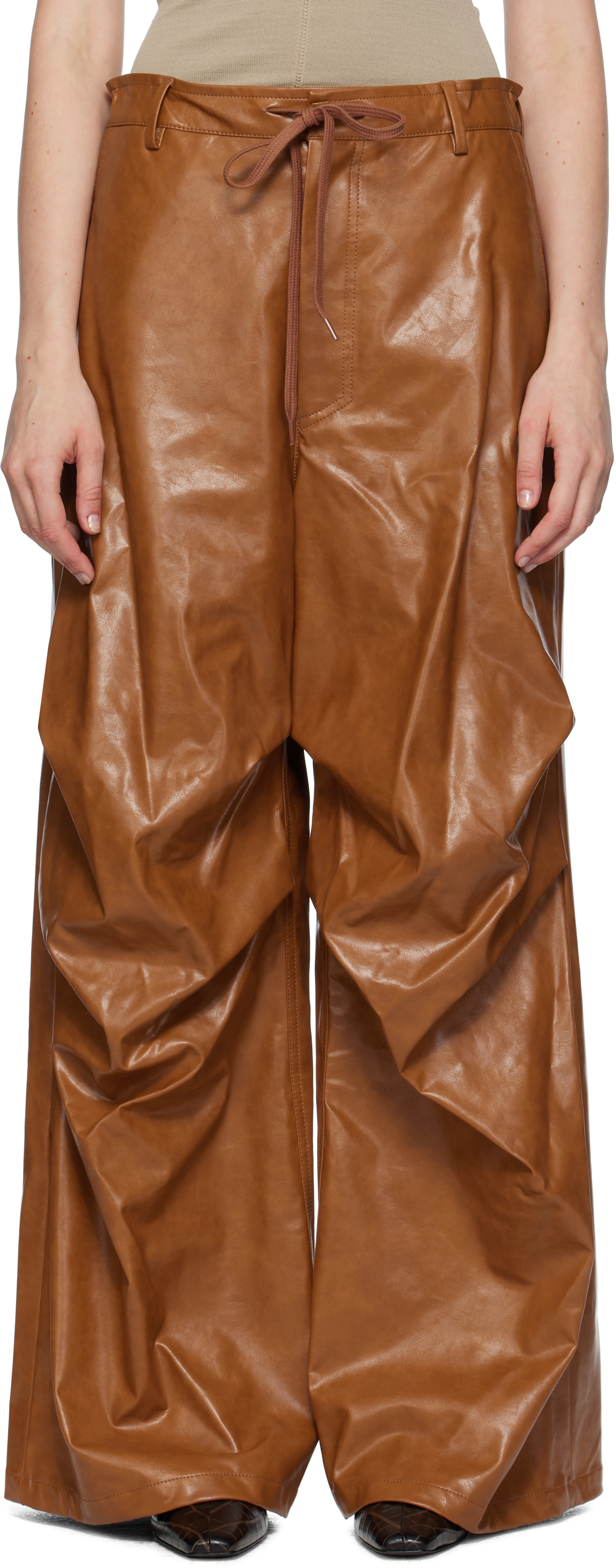 MM6 Maison Margiela: Brown Draped Faux-Leather Trousers | SSENSE