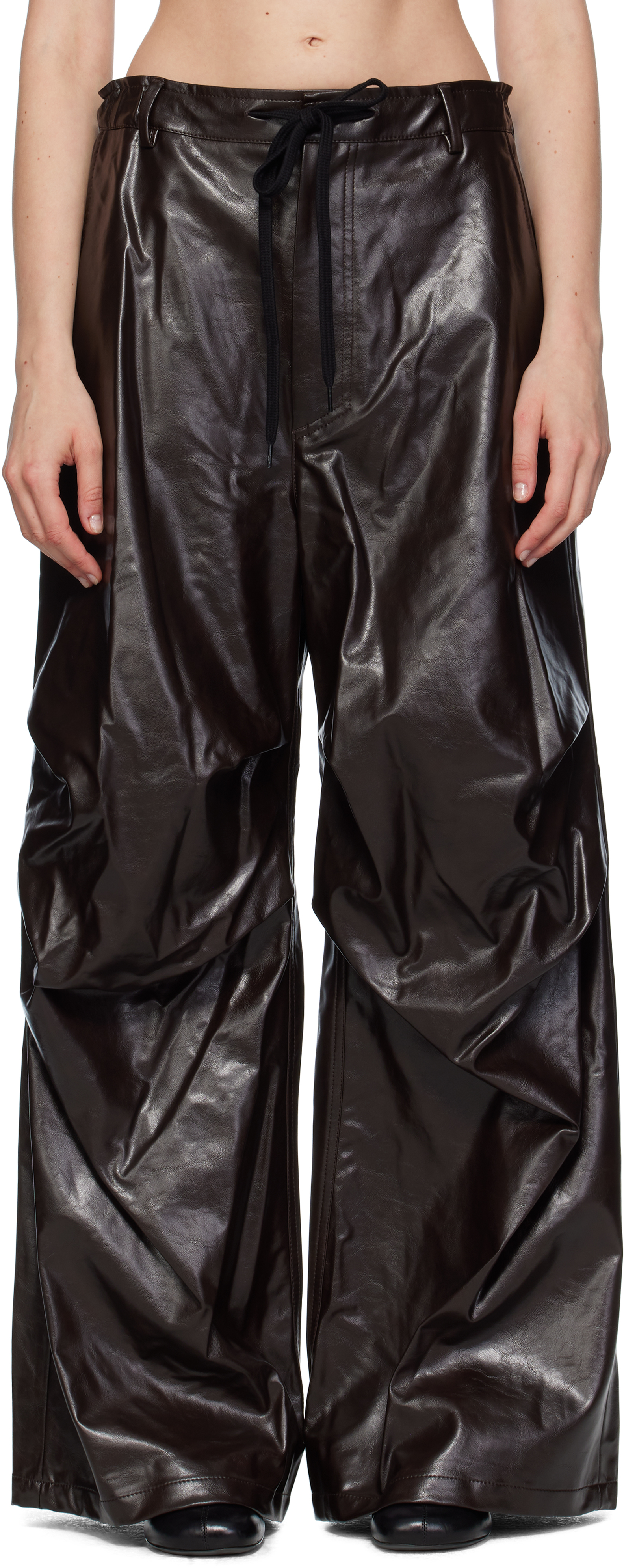Burgundy Draped Faux-Leather Trousers