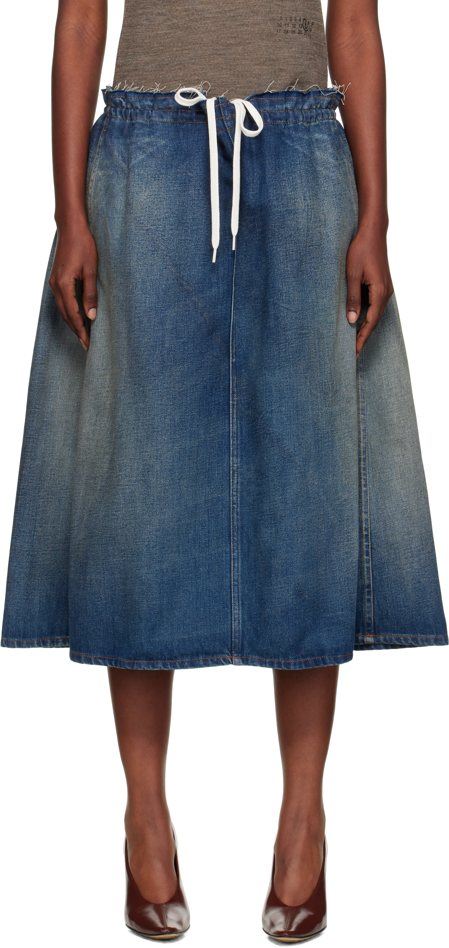 Blue Drawstring Denim Midi Skirt