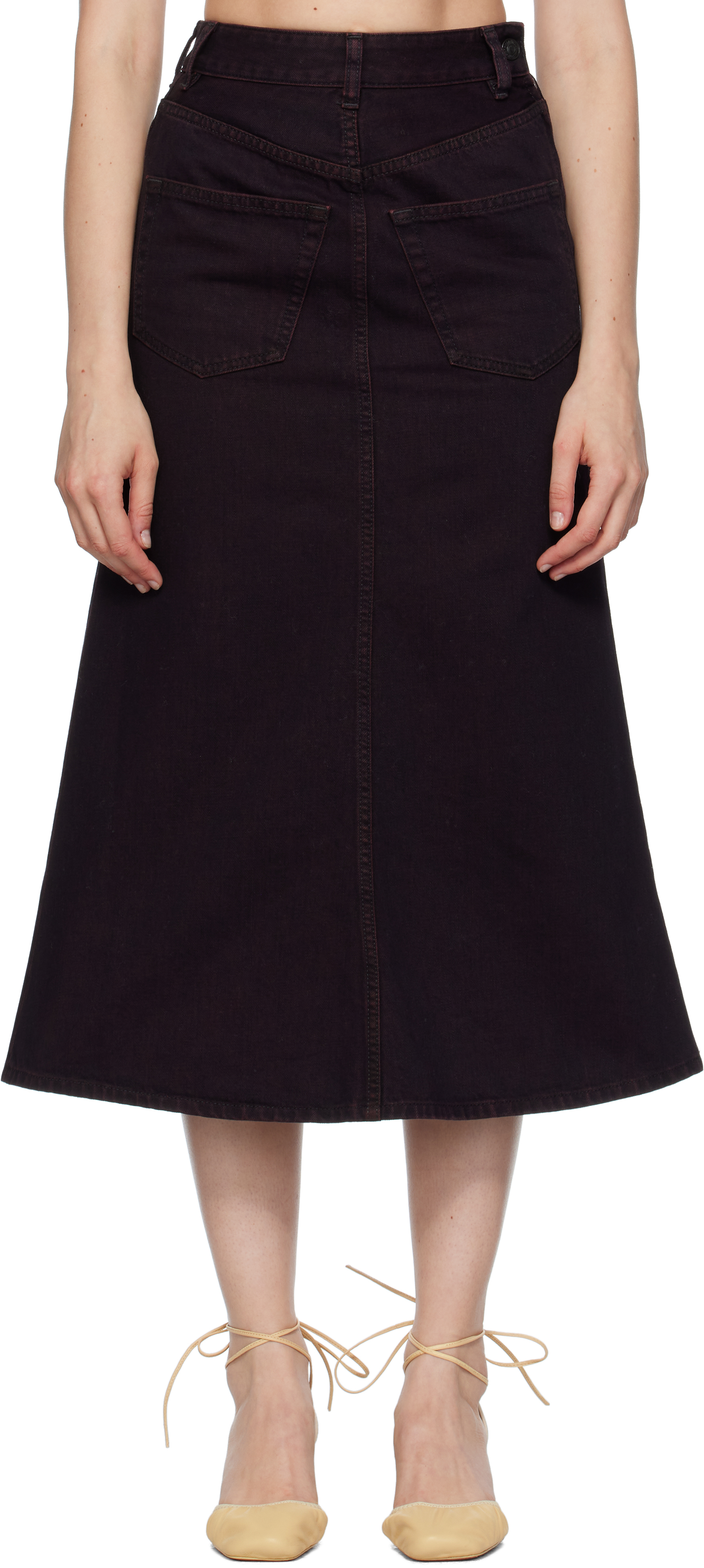 Burgundy Overdyed Reversed Denim Midi Skirt