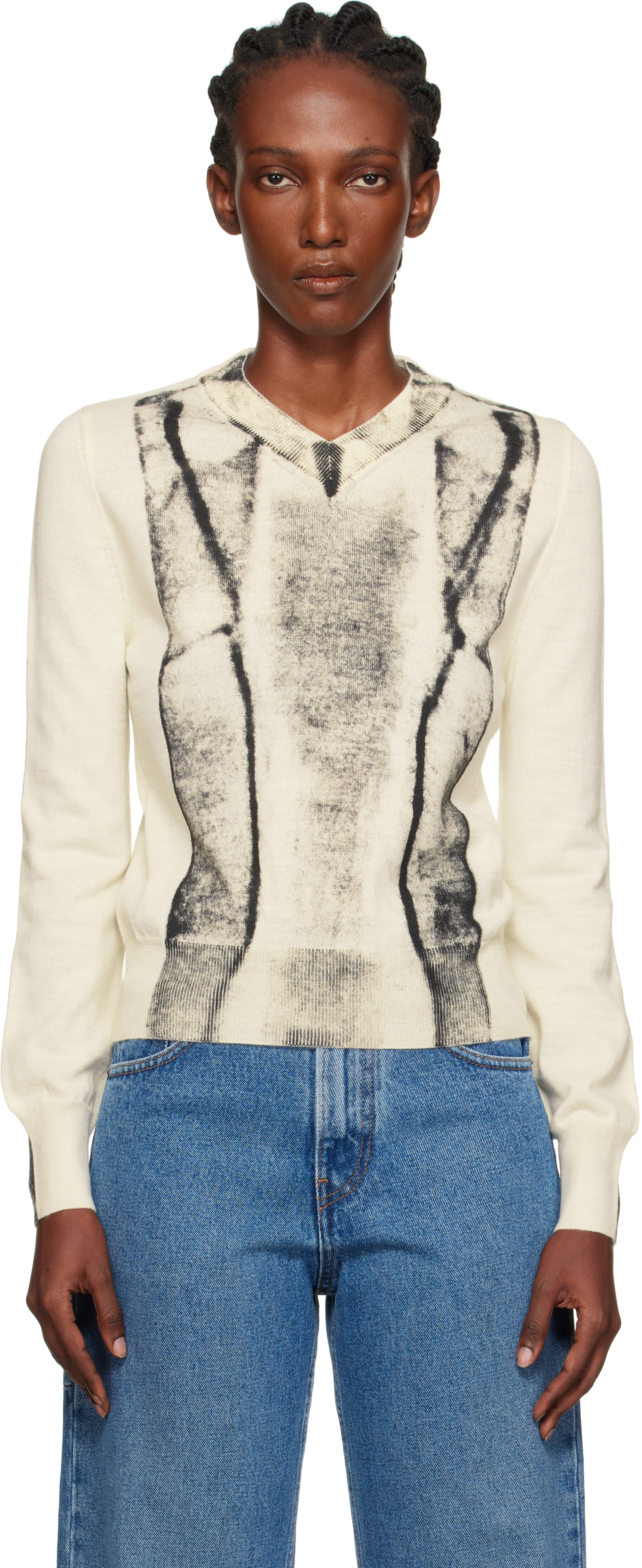 Mm6 Maison Margiela Off-white Folded Printed Gauge 14 V-neck Sweater In Neutral