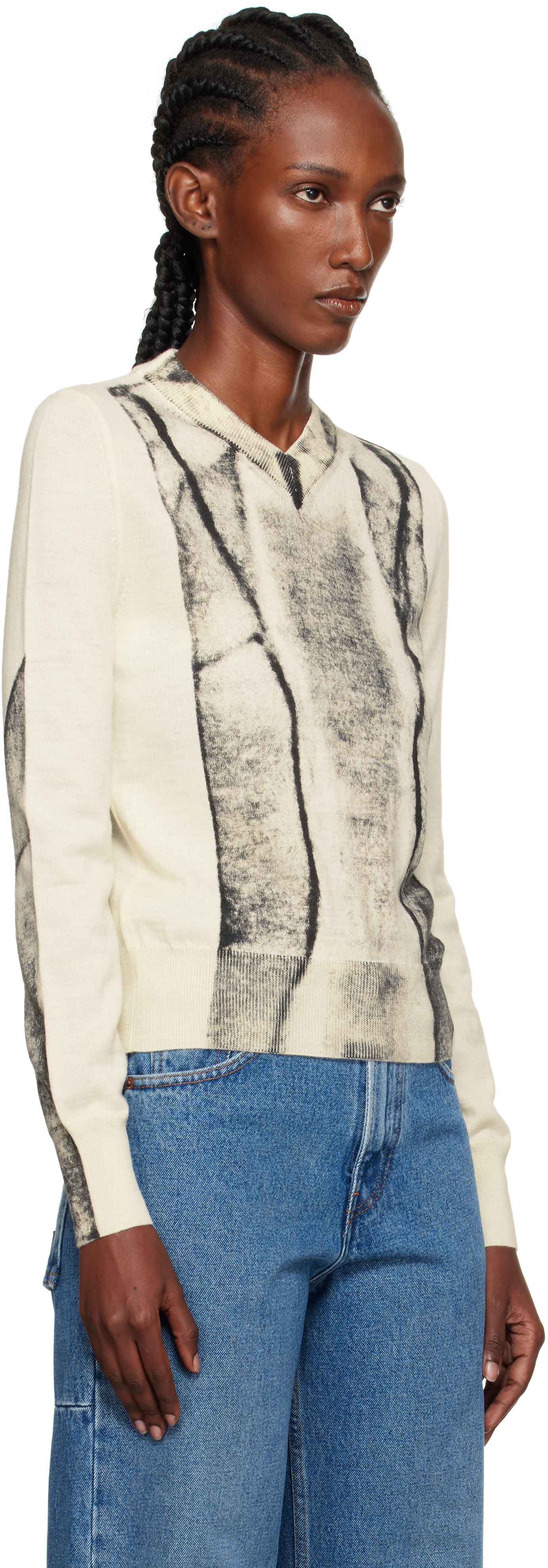 Mm6 Maison Margiela Off-white Folded Printed Gauge 14 V-neck Sweater In Neutral