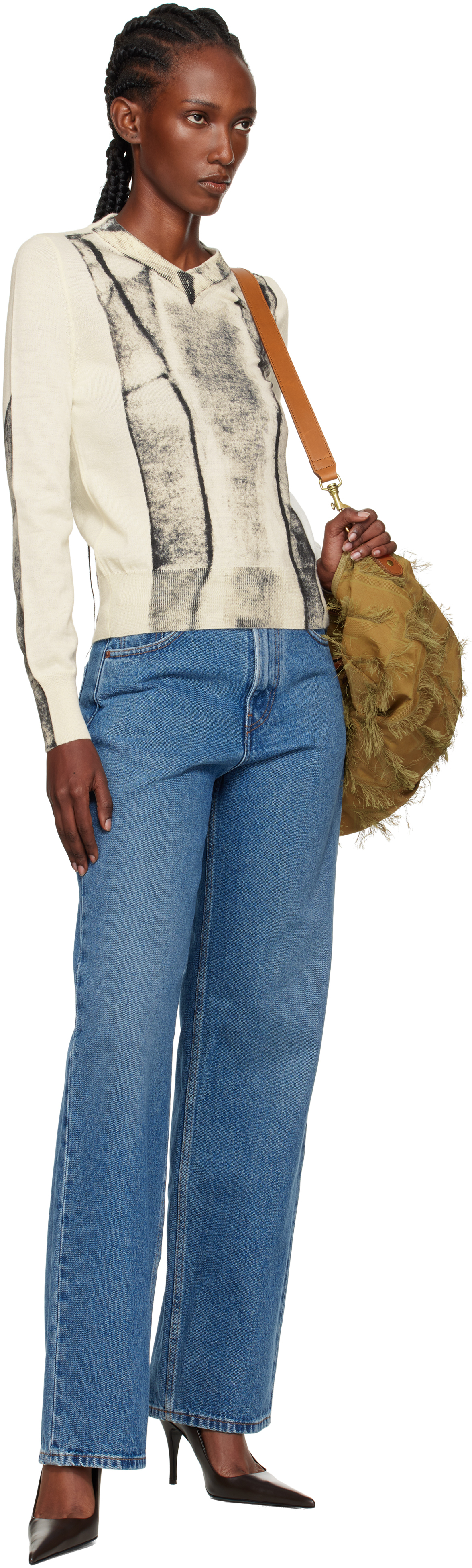 Mm6 Maison Margiela Off-white Folded Printed Gauge 14 V-neck Sweater In Neutral