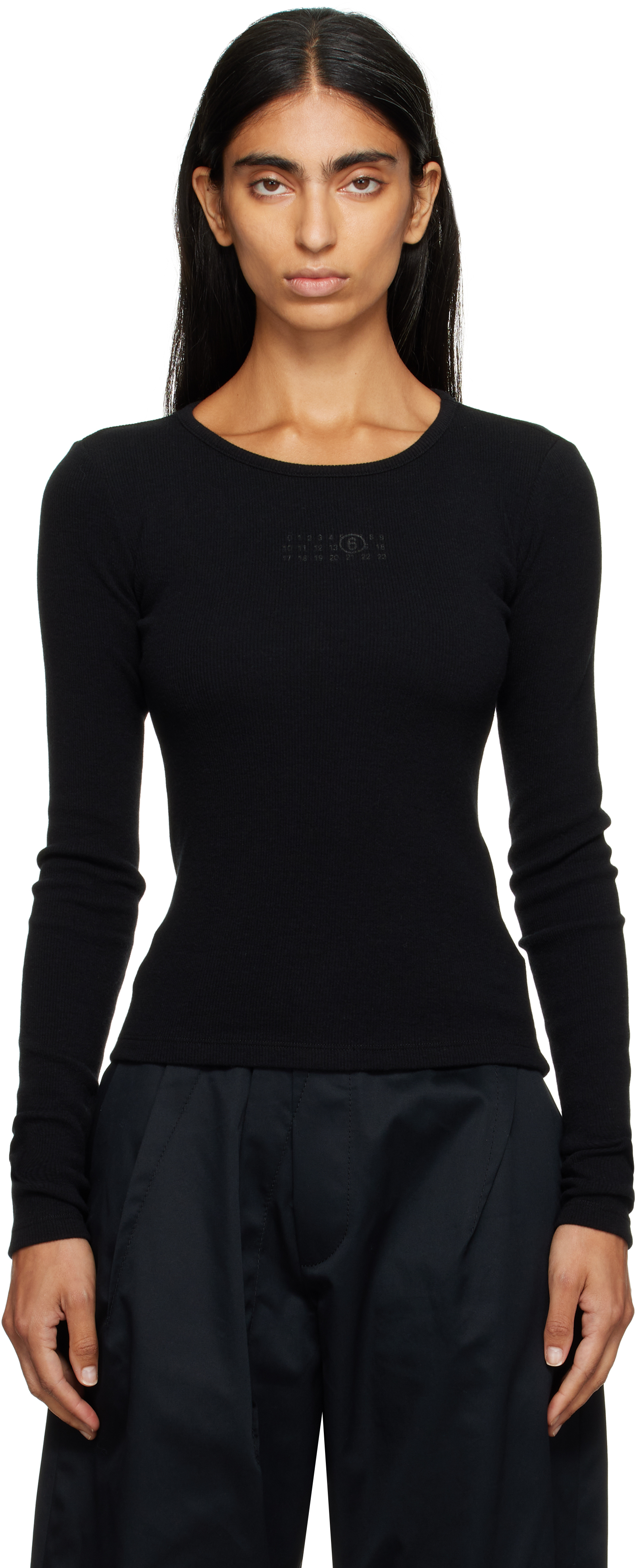 Black Wool Blend Rib Jersey Long-Sleeved T-shirt by MM6 Maison