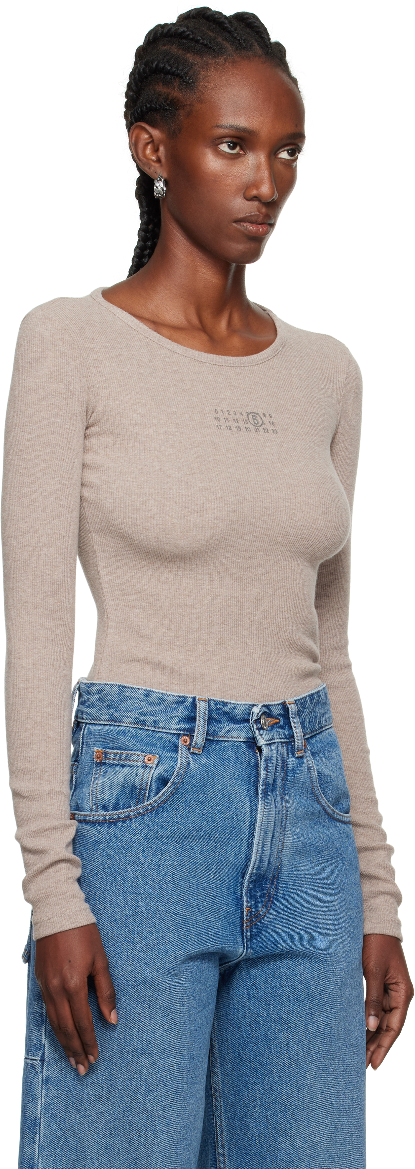 Mm6 Maison Margiela Taupe Wool-blend Rib Jersey Long-sleeved T-shirt In Brown
