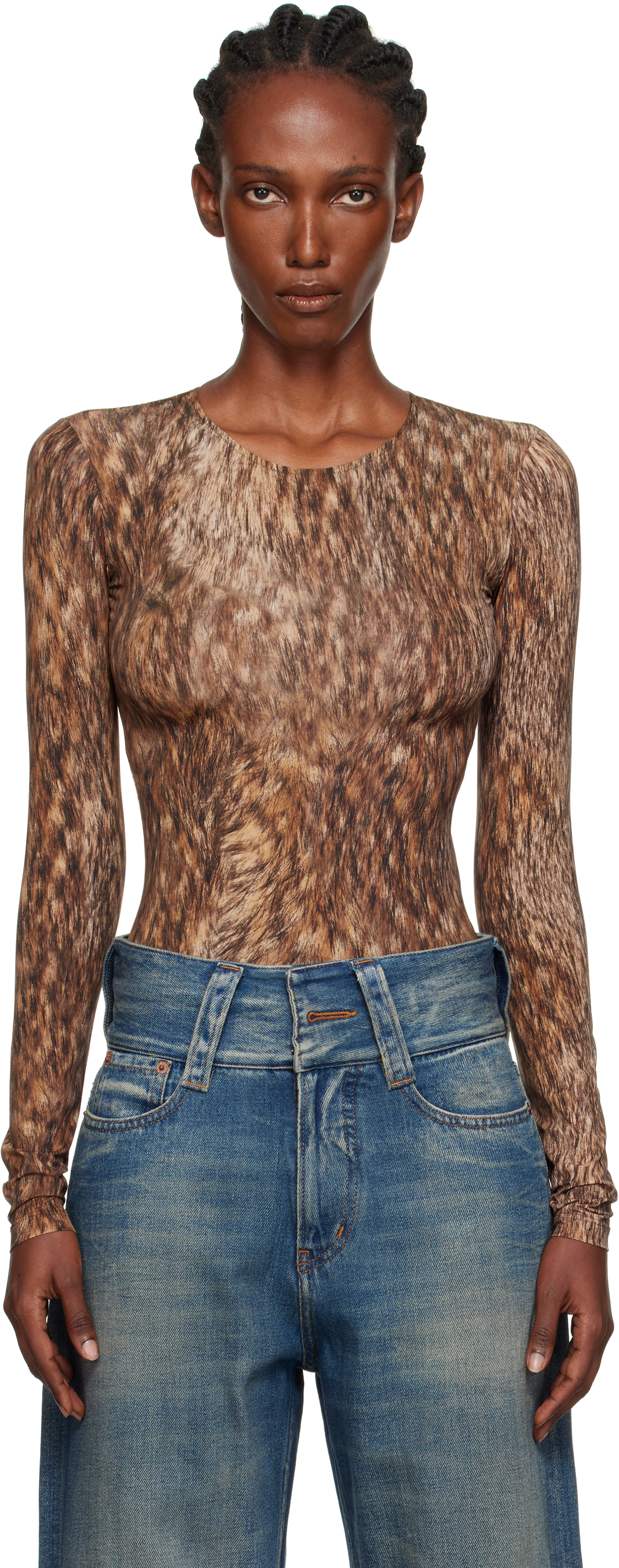 Brown Printed Jersey Bodysuit