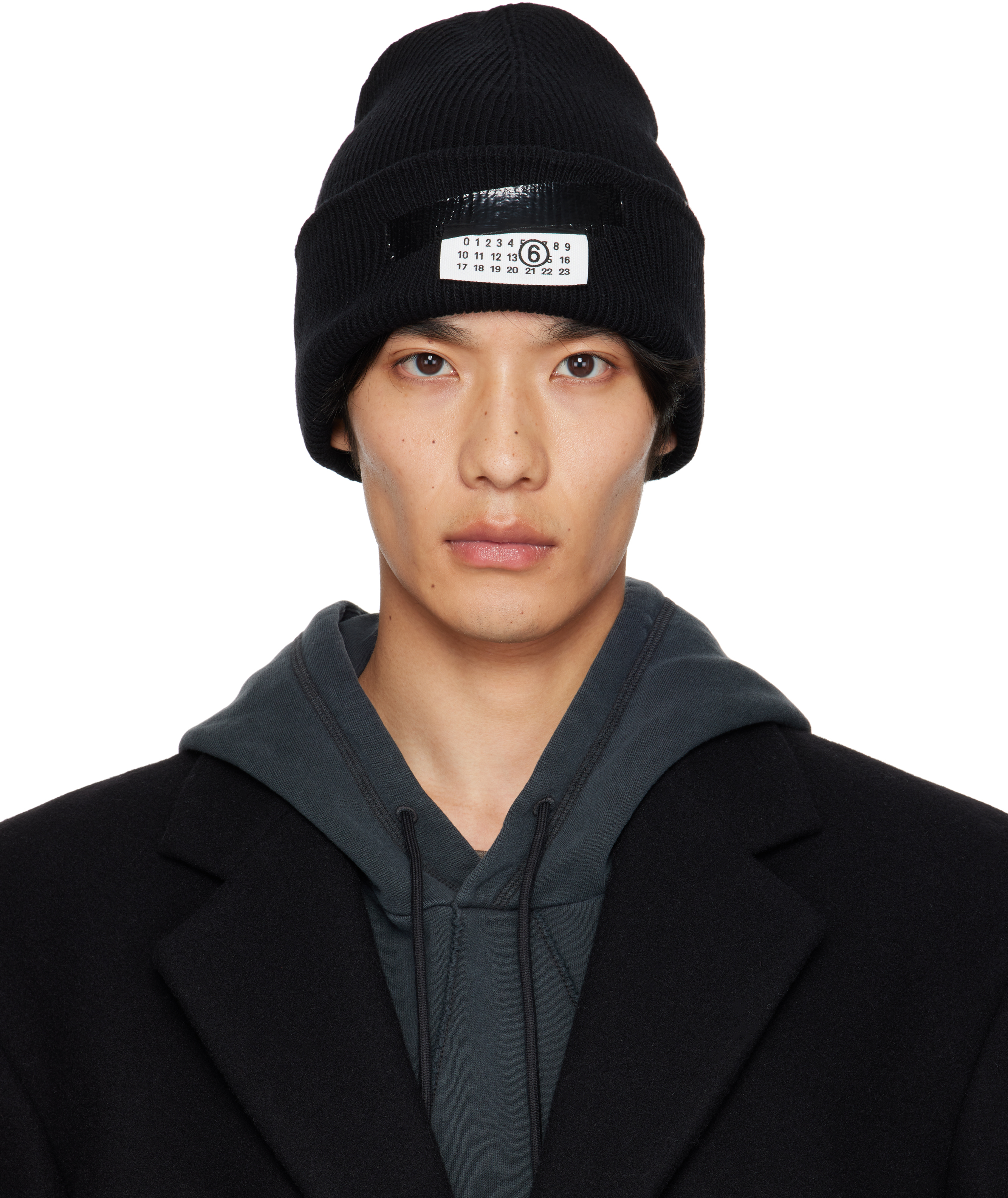 Black Taped Label Wool Beanie