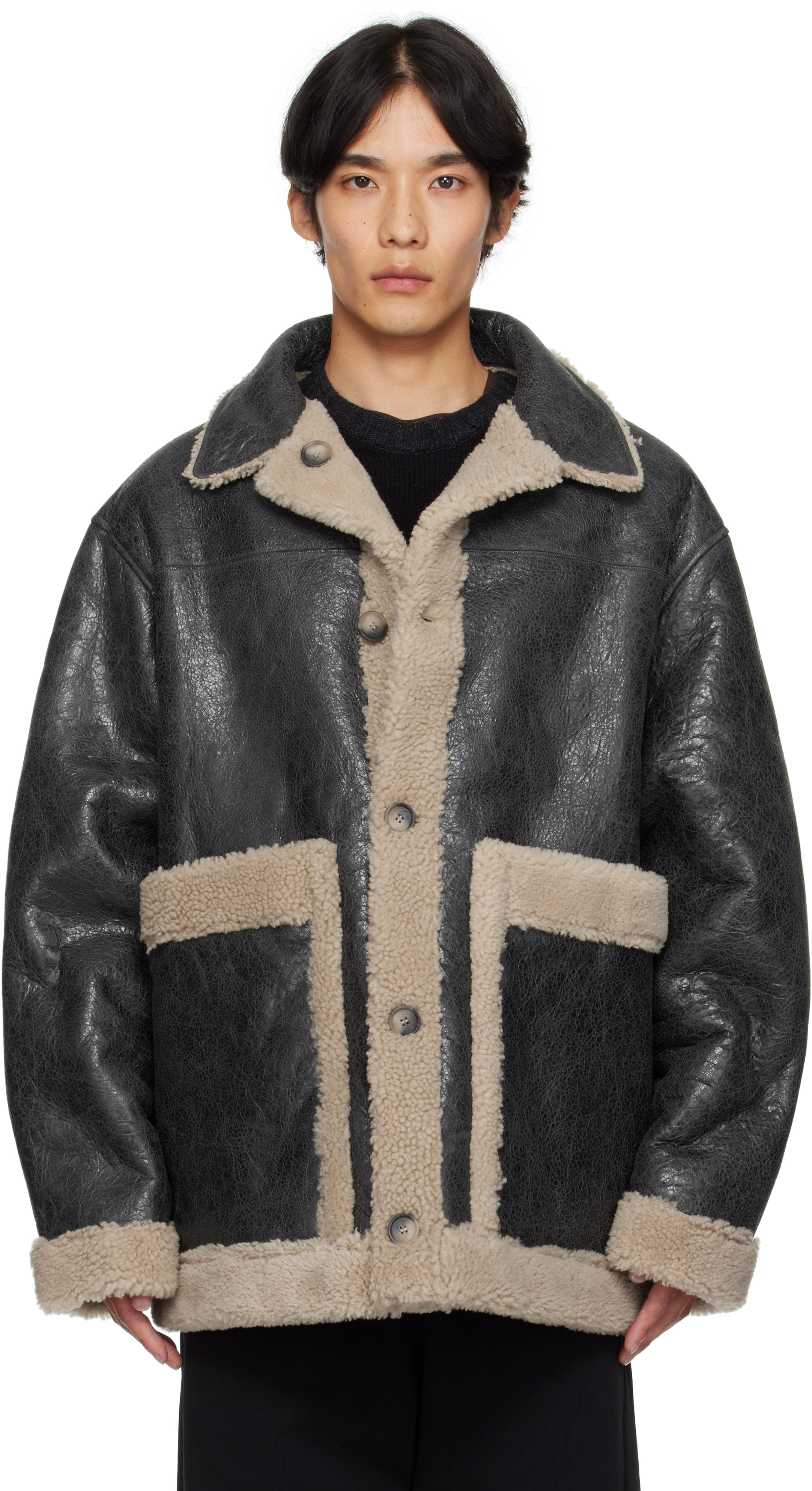 Mm6 Maison Margiela Leather Shearling Reversible Jacket In Black