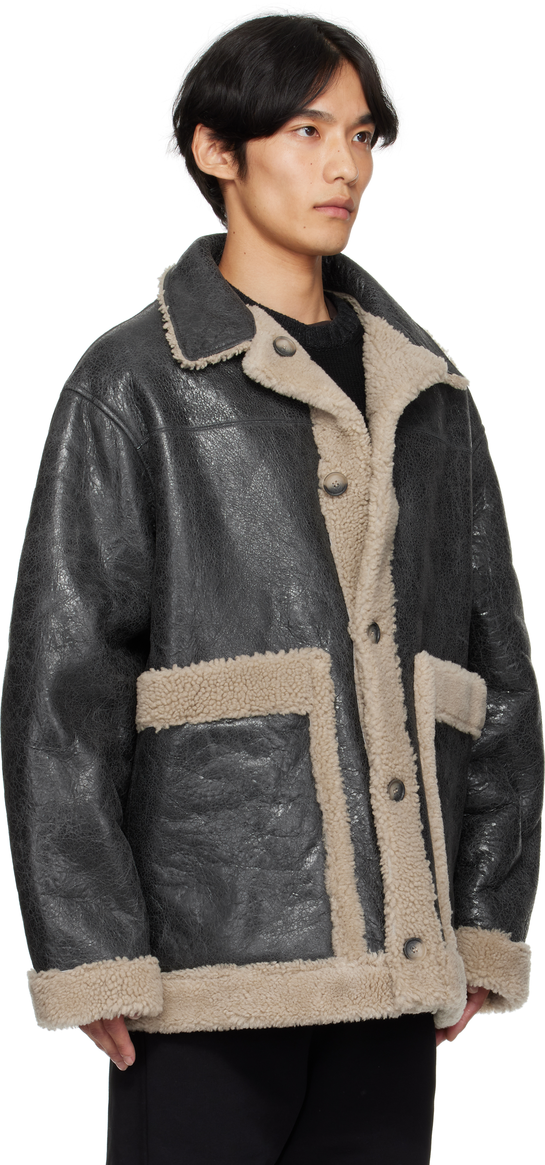 Mm6 Maison Margiela Leather Shearling Reversible Jacket In Black