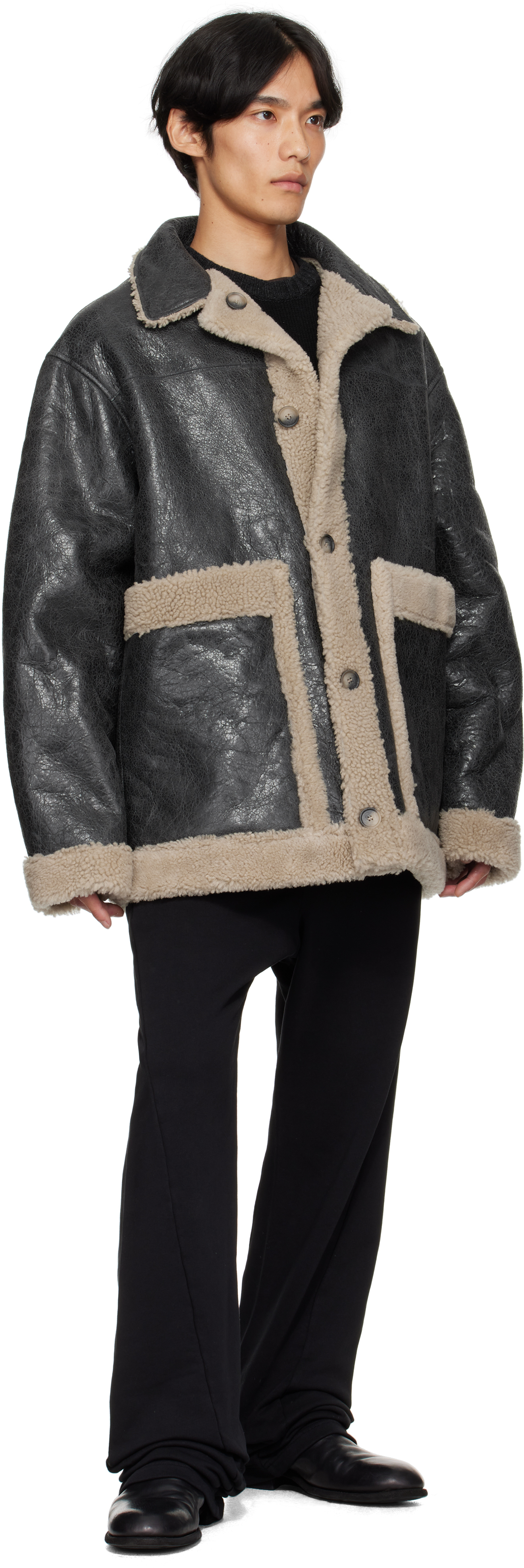 Mm6 Maison Margiela Leather Shearling Reversible Jacket In Black
