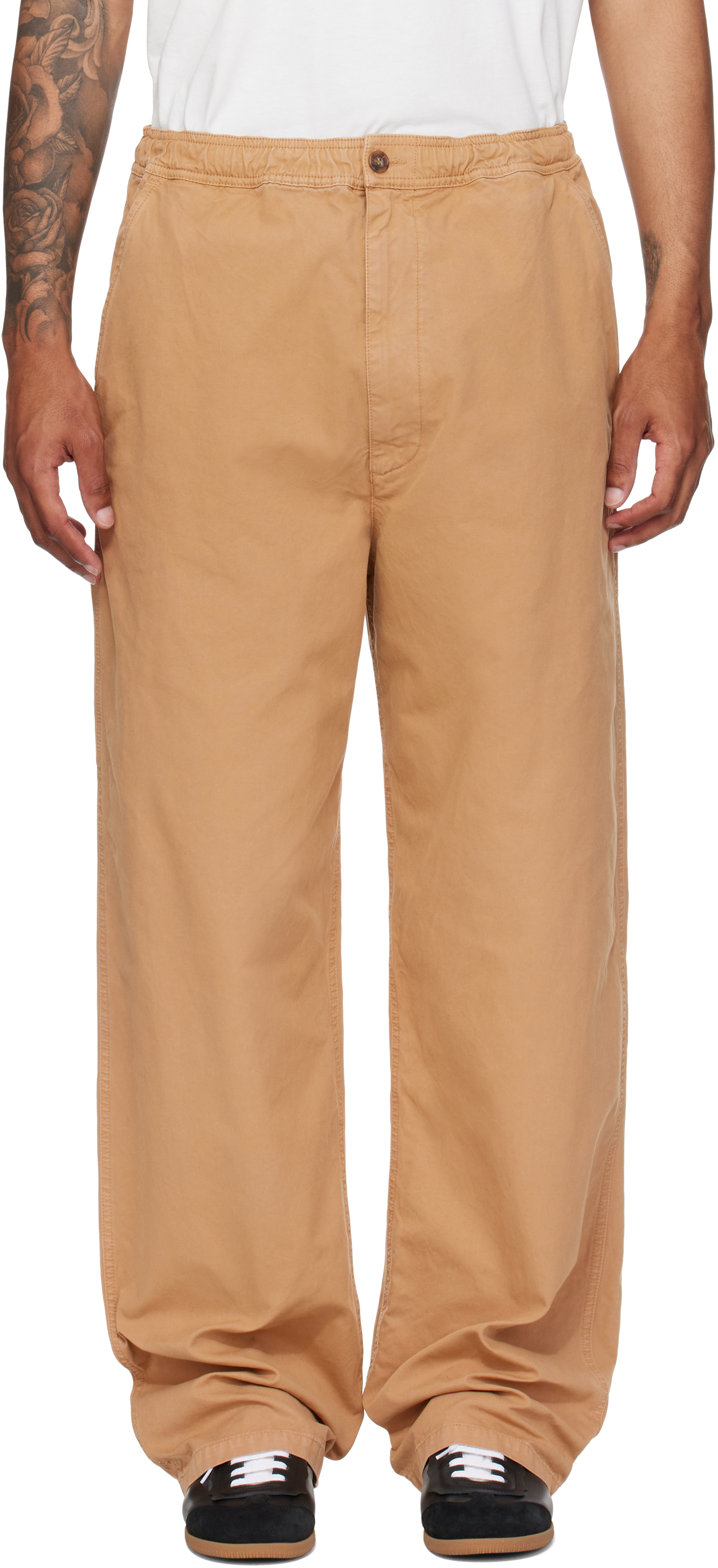 MM6 Maison Margiela ベージュワイドパンツ MM6 Maison Margiela: ベージュ コットン キャンバス トラウザー