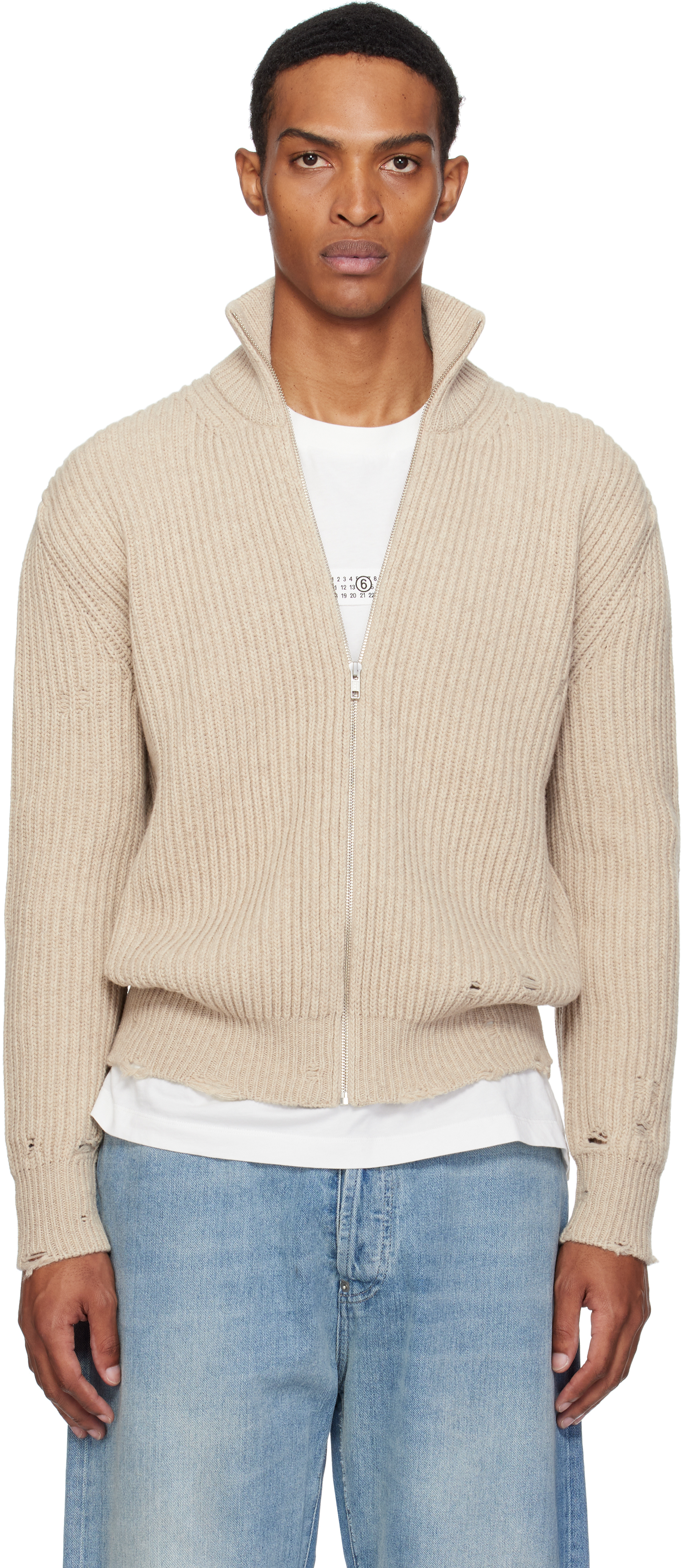 Beige Ribbed Knit Sweater