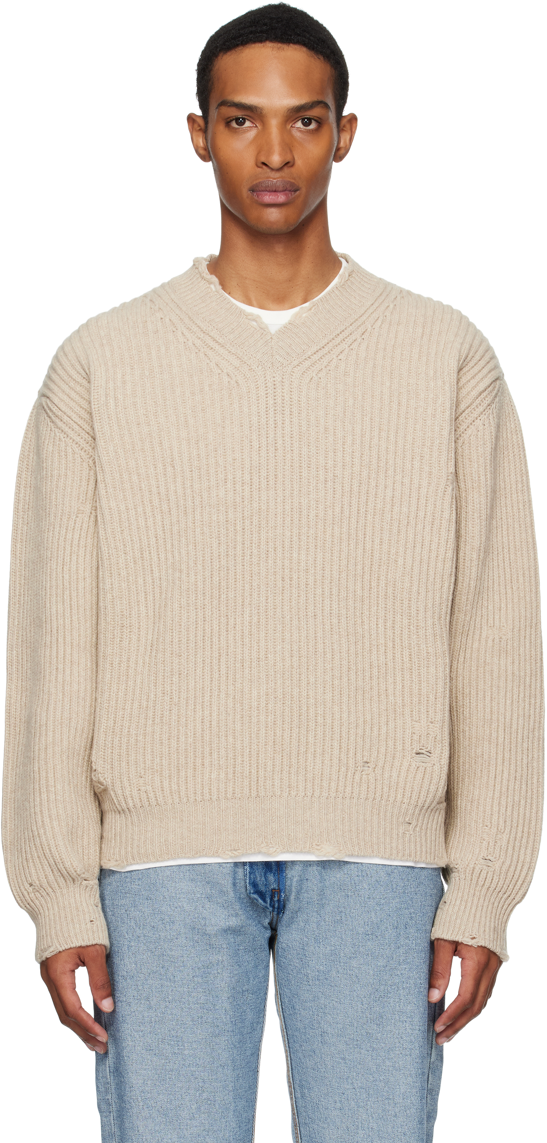 Brown Ribbed Wool Knit Sweater