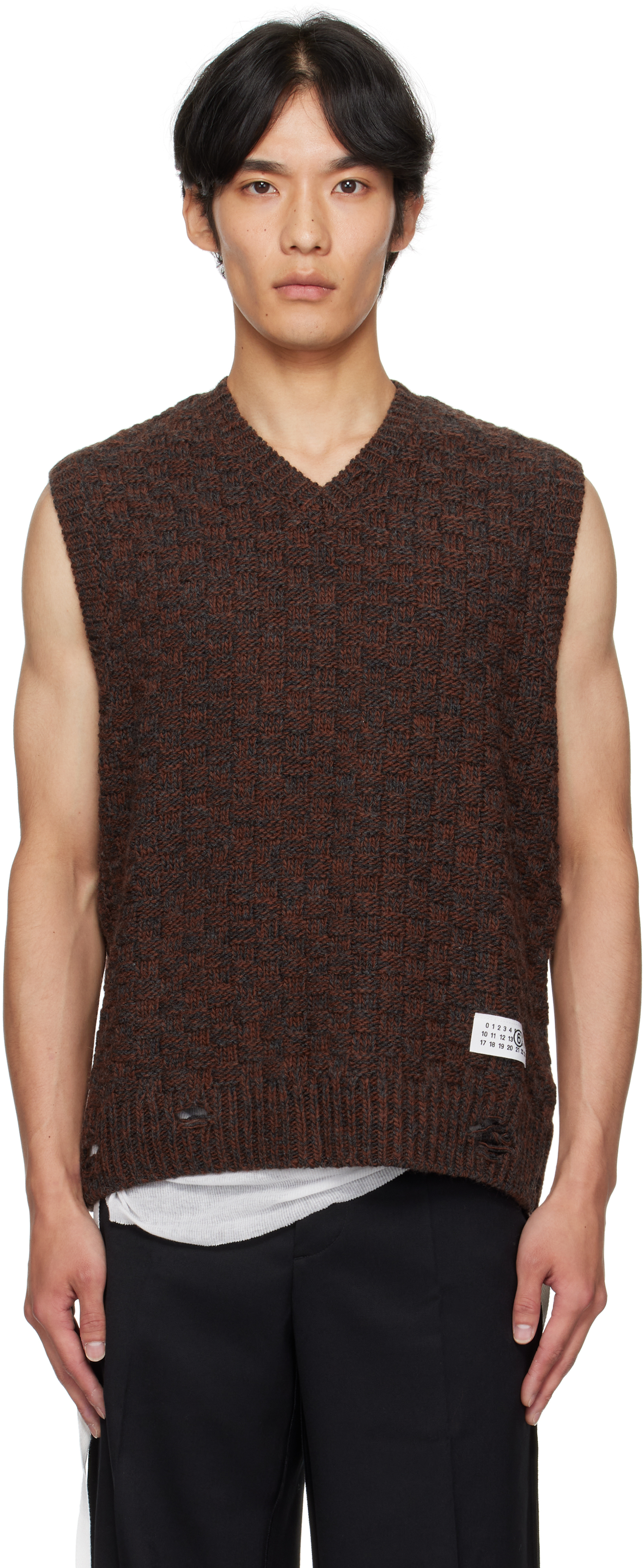 MM6 Maison Margiela: Brown V-Neck Sweater Vest | SSENSE