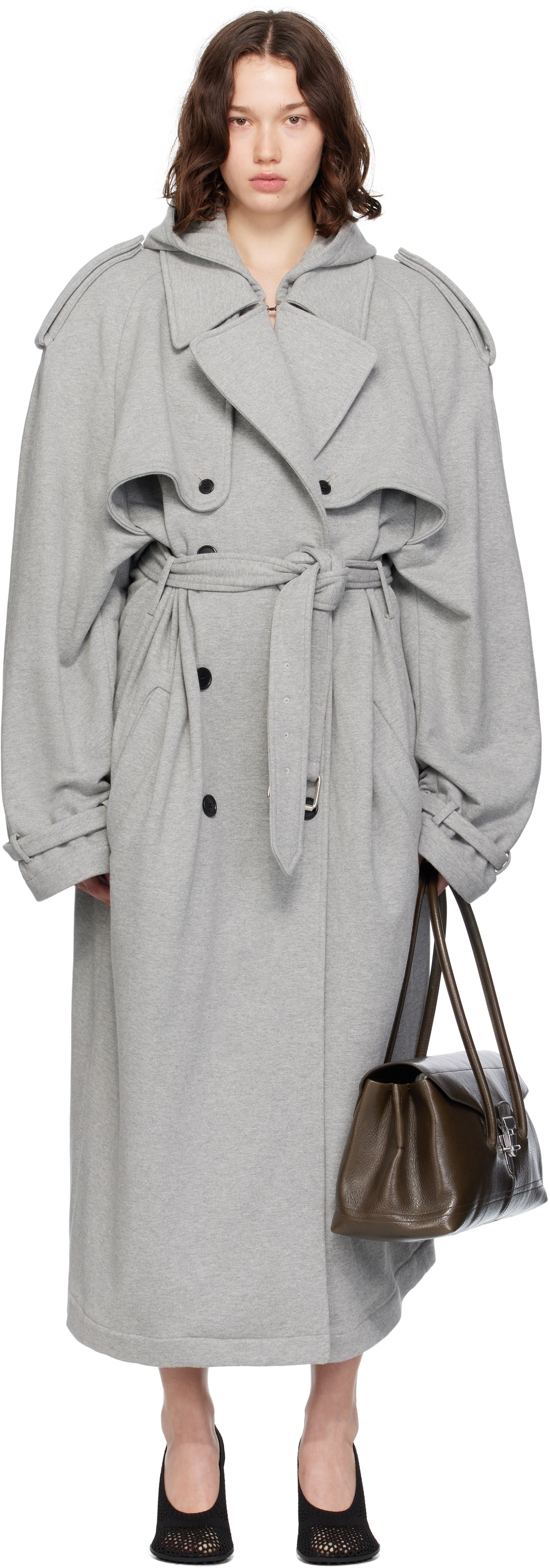 MARIE ADAM-LEENAERDT: Gray Hooded Trench Coat | SSENSE