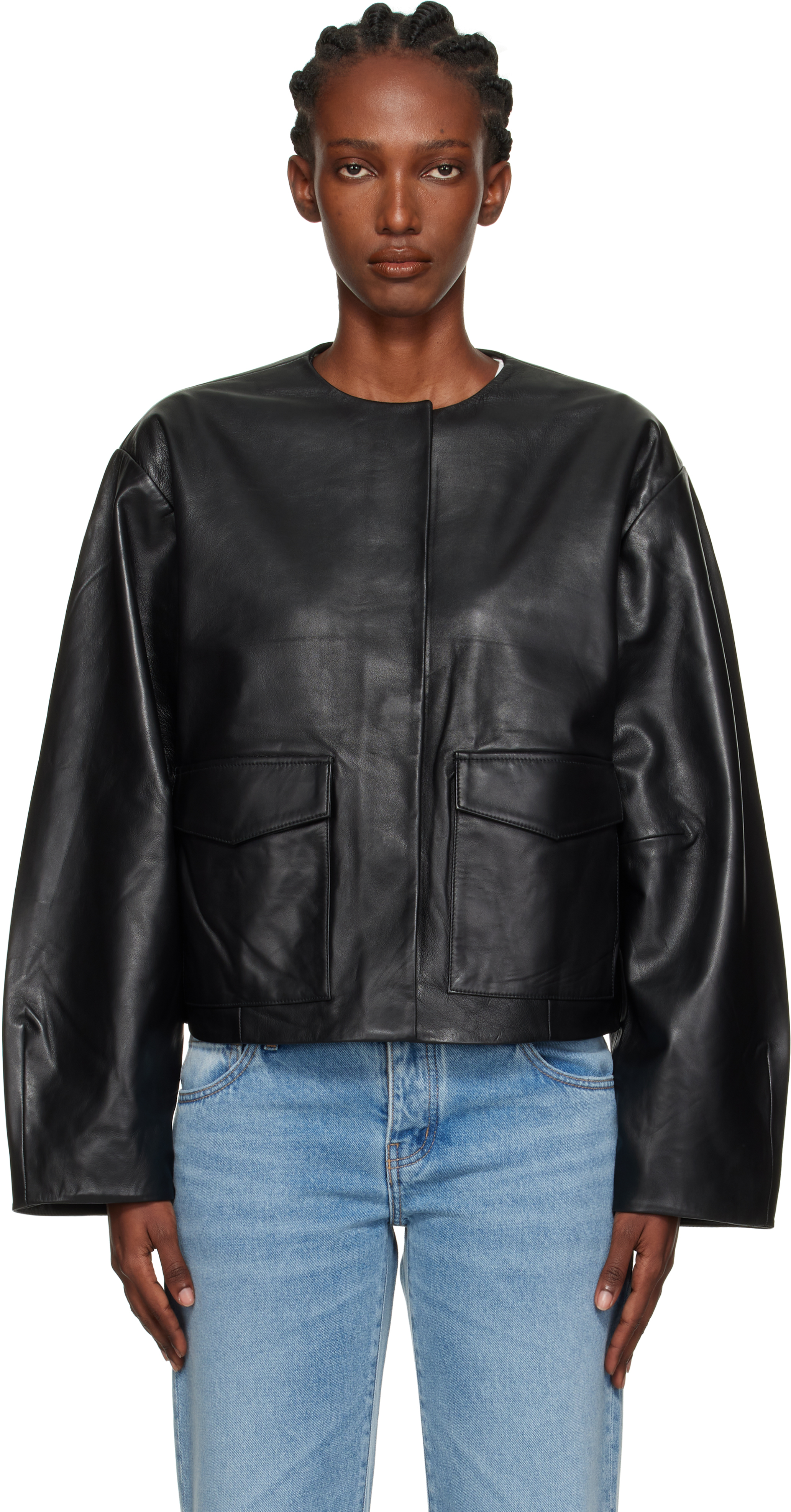 Black Utility Cocoon Leather Jacket