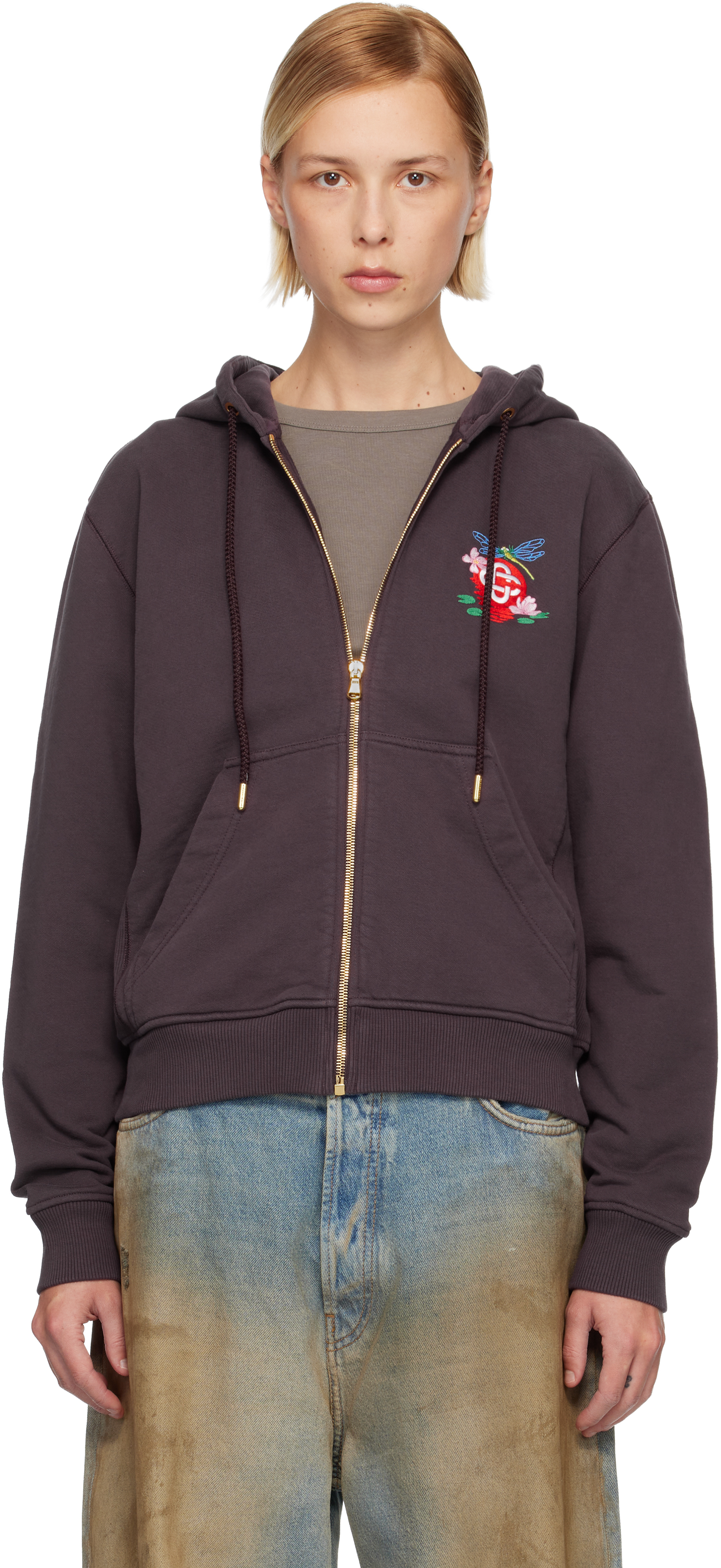 Casablanca Purple Dragonfly Floral Embroidered Full Zip Hoodie