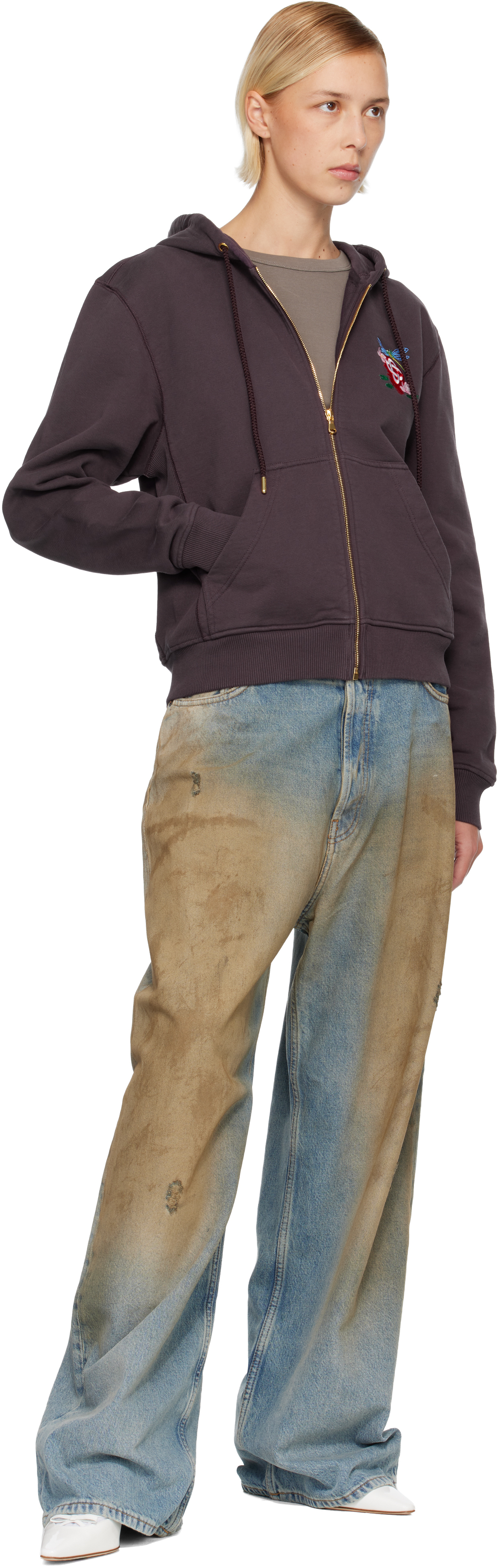 Casablanca Purple Dragonfly Floral Embroidered Full Zip Hoodie In Purple