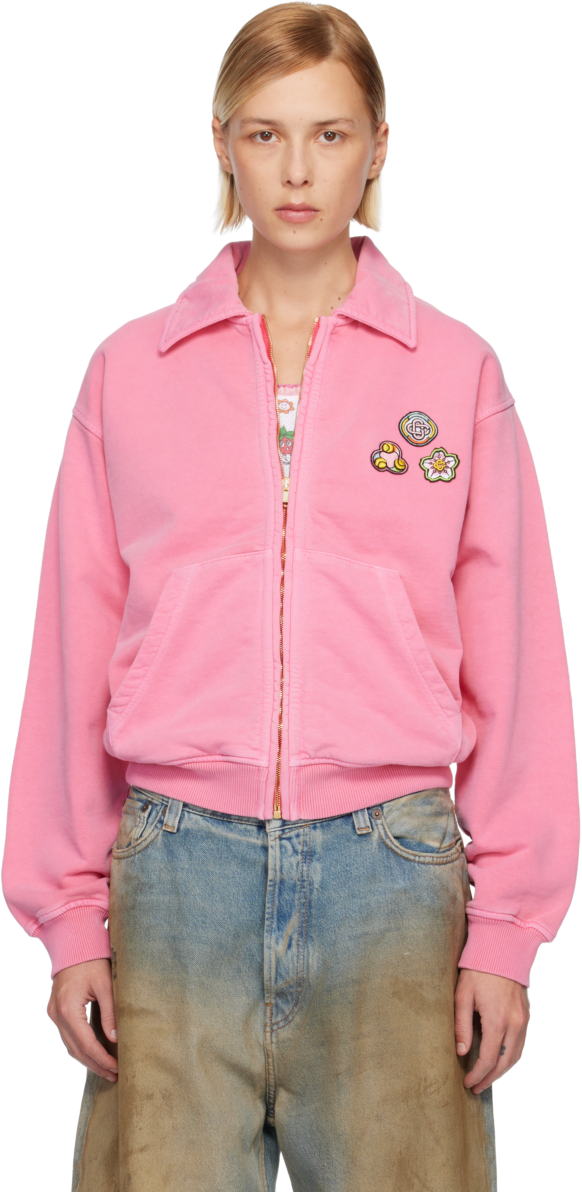Casablanca Soft Cotton Sweatshirt With Contrasting Patches And Zip Closure In Pink