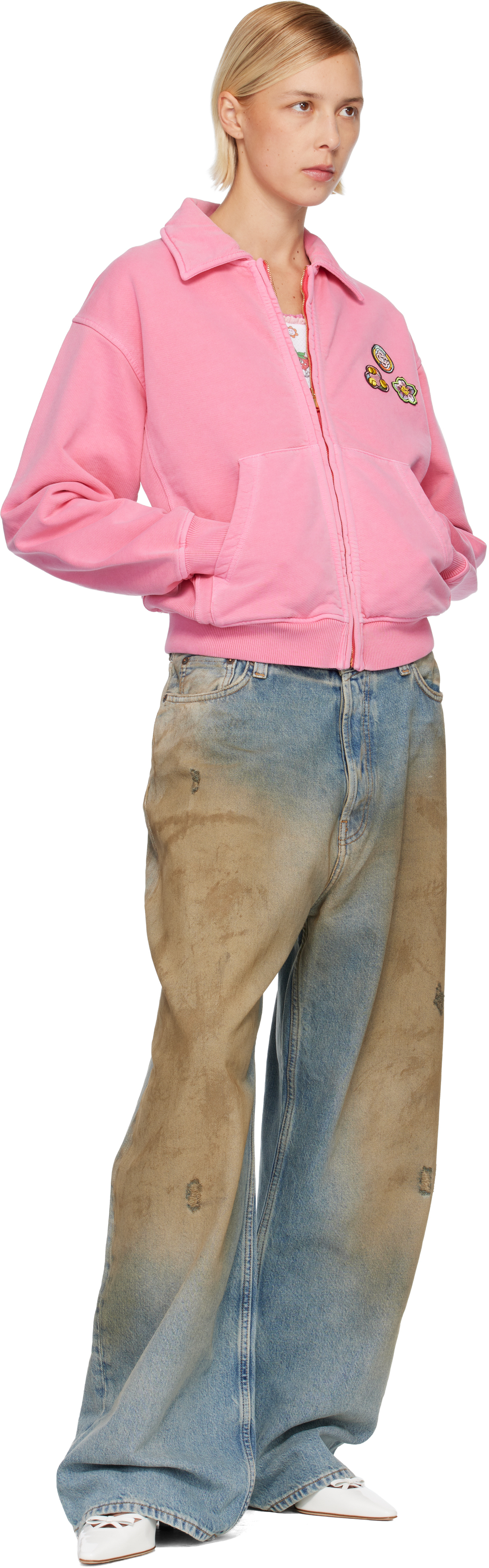 Casablanca Soft Cotton Sweatshirt With Contrasting Patches And Zip Closure In Pink