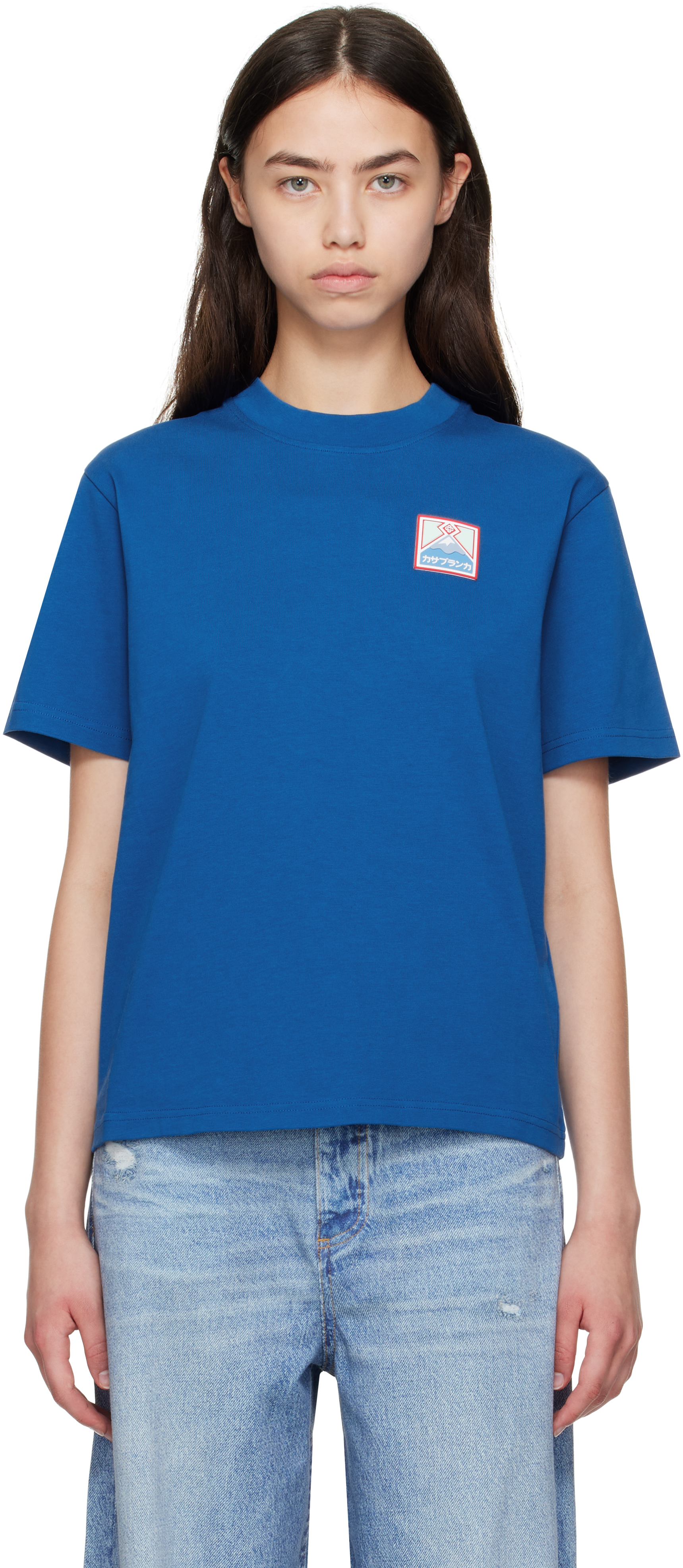 Casablanca: Blue Mount Fuji Rubber Patch T-shirt | SSENSE