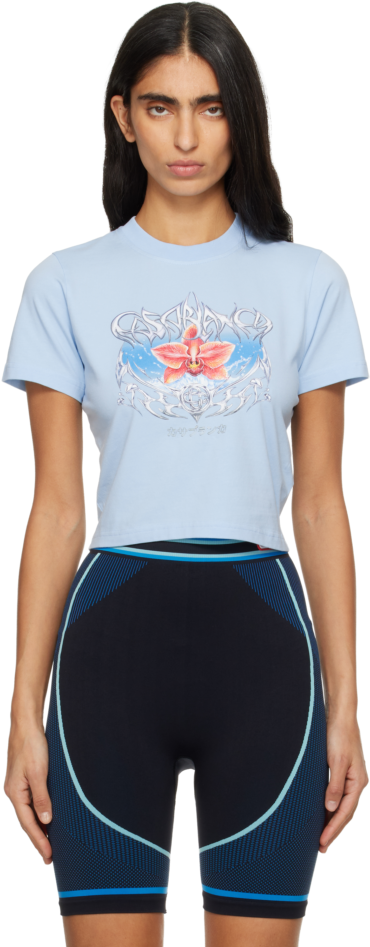 Casablanca Blue Blades Cropped Short Sleeve T‑shirt In Blue