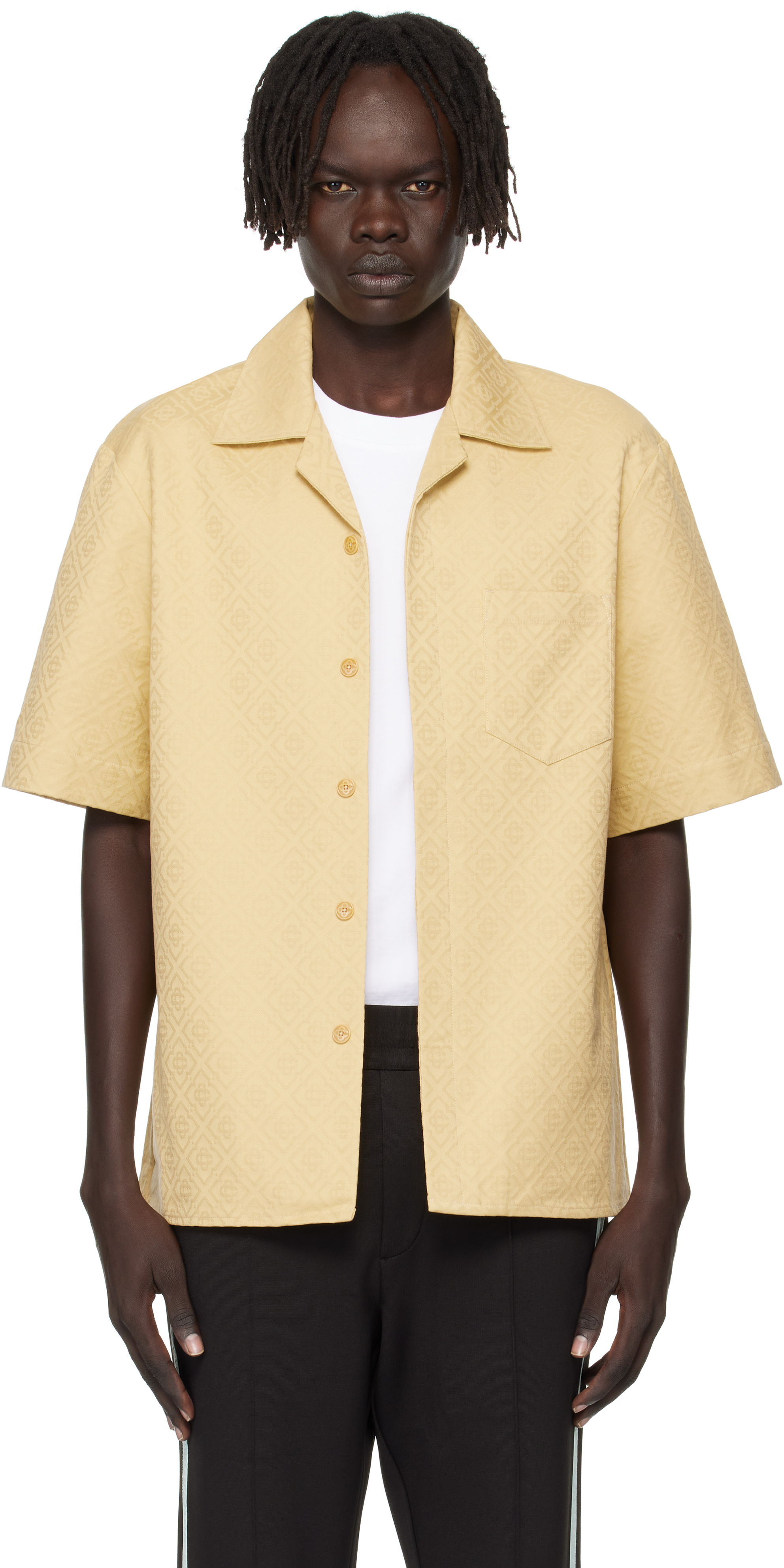 Casablanca Mens Beige Cuban-collar Monogram Cotton Shirt Xl In Neutral