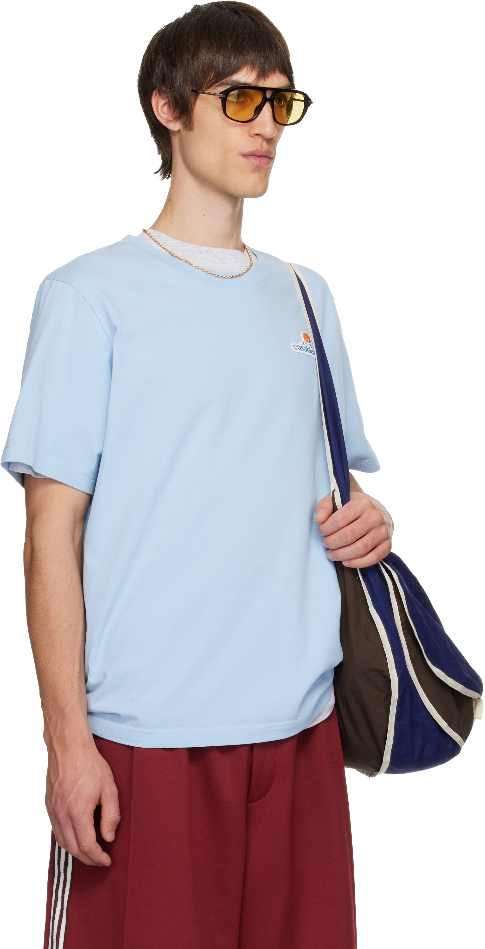 Casablanca Light Blue Logo Embroidered Cotton T-shirt In Blue