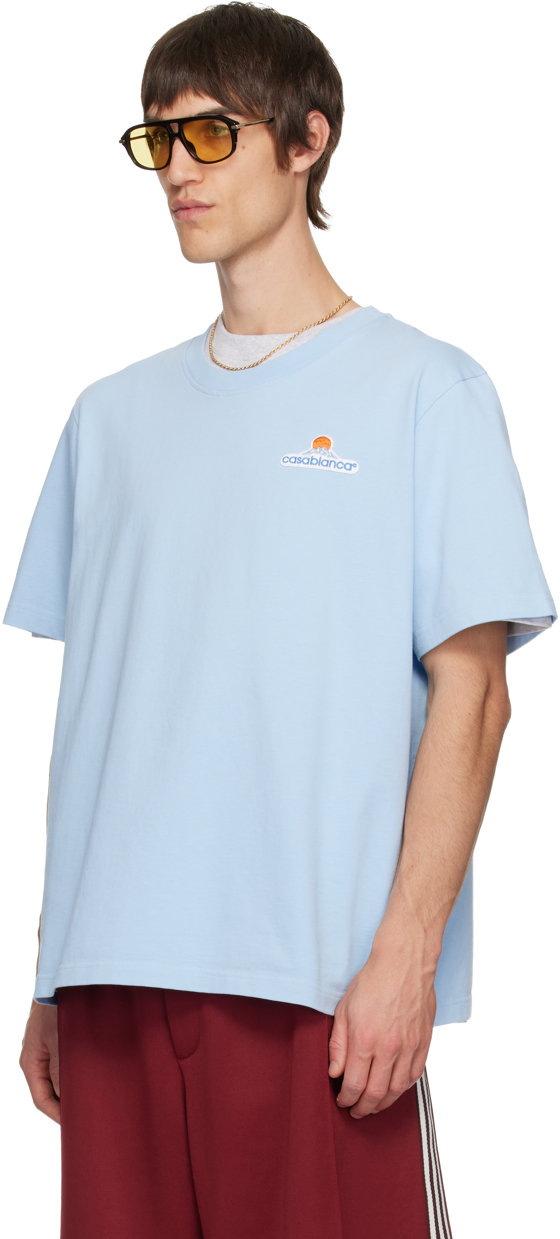 Casablanca Light Blue Logo Embroidered Cotton T-shirt In Blue