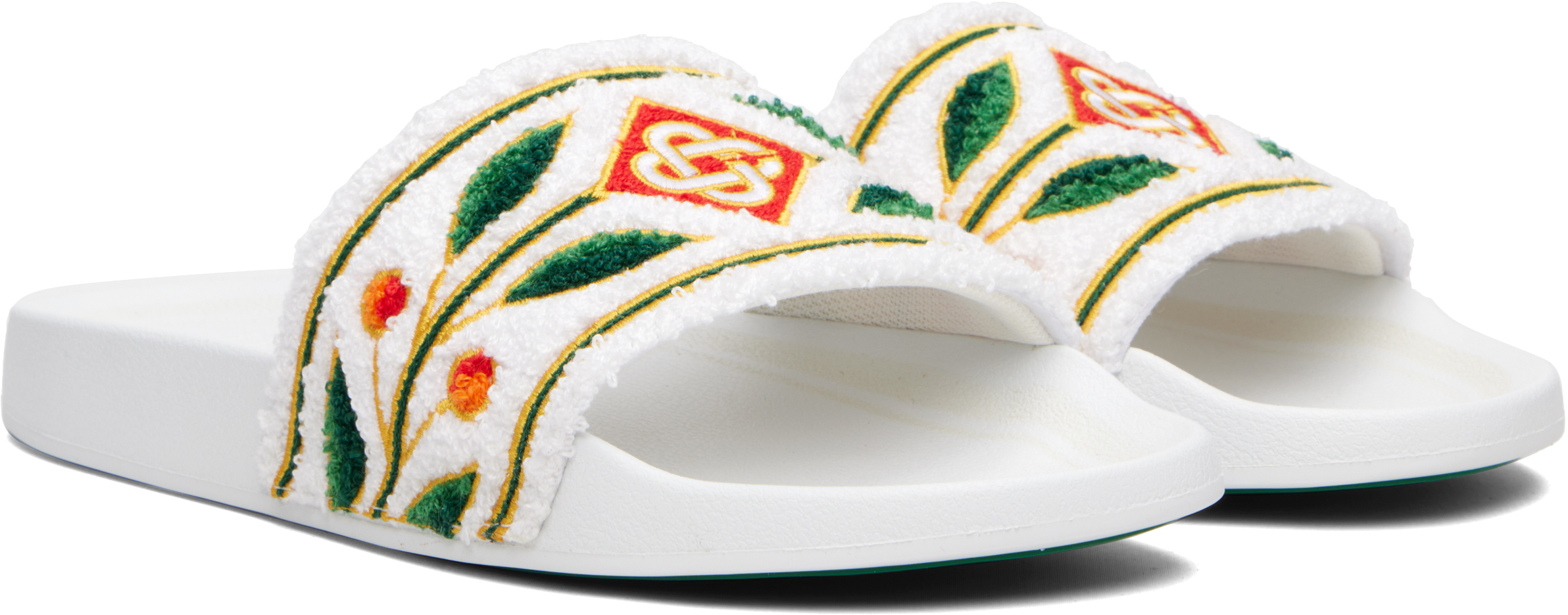 Casablanca Embroidered Terry Strap Flat Sole Sliders In White
