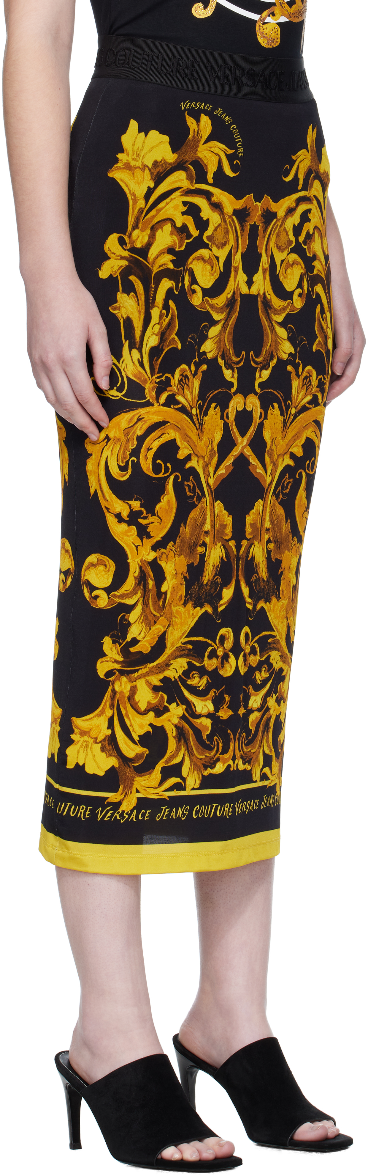 Versace Jeans Couture Black & Yellow Porcelain Barocco Midi Skirt In Multi
