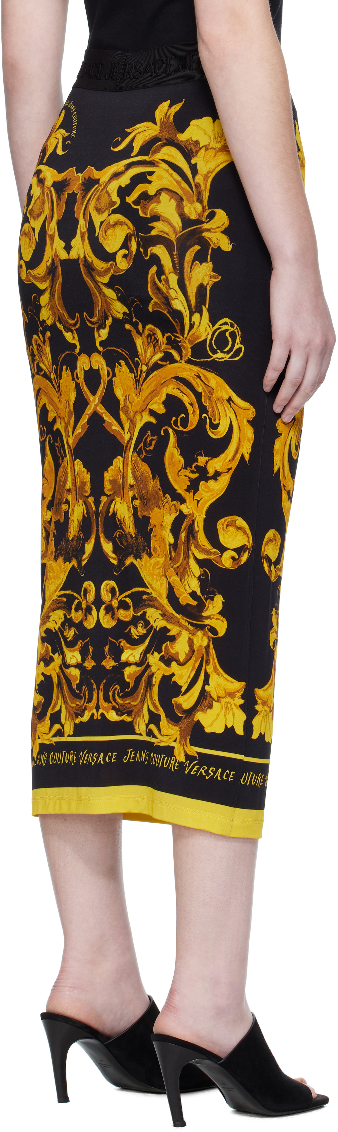 Versace Jeans Couture Black & Yellow Porcelain Barocco Midi Skirt In Multi