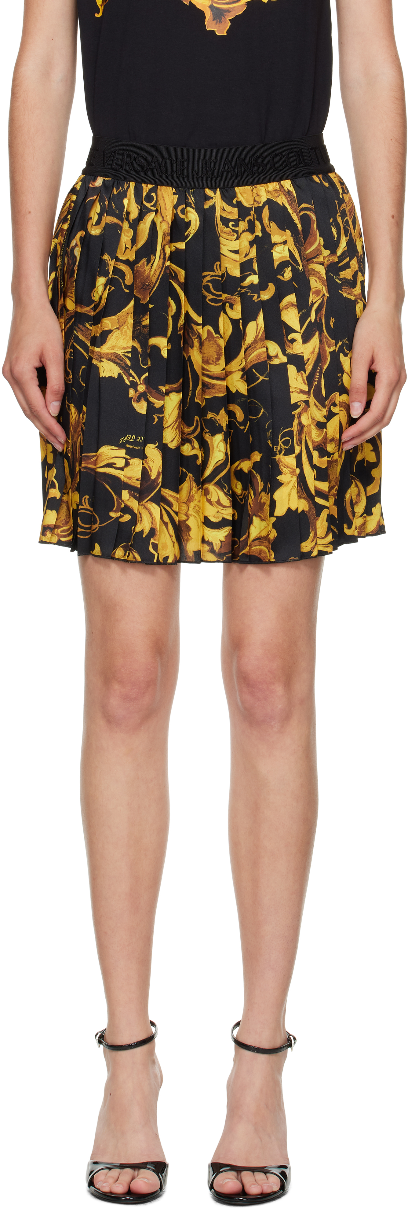 Black & Gold Porcelain Barocco Pleated Miniskirt
