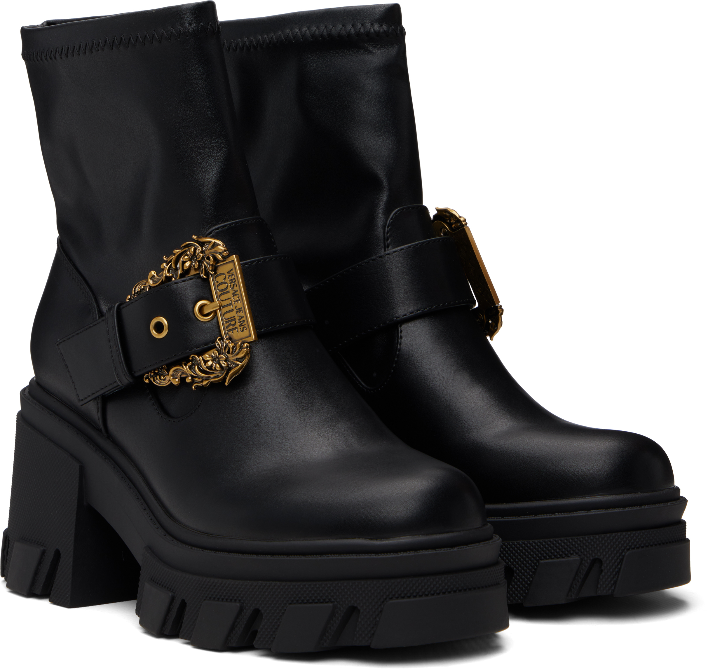 Versace Jeans Couture Black Sophie Baroque Buckle Boots In Black